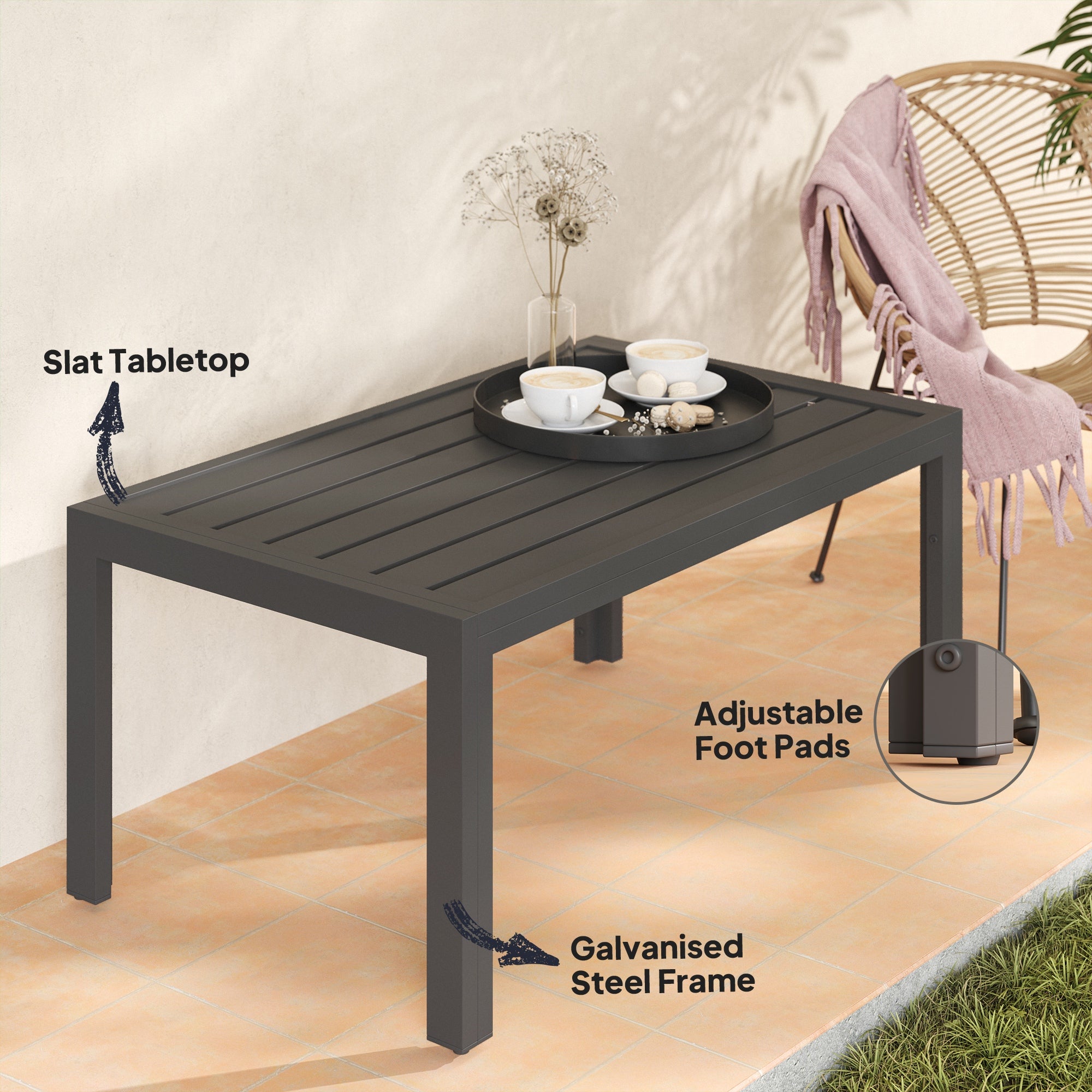 Rectangular Steel Balcony Coffee Table – Weather-Resistant Outdoor/Patio Coffee Table, 101.5 x 61 x 46 cm (40" x 24" x 18"), Gray