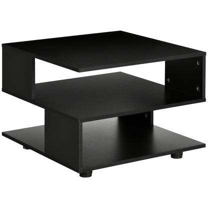 Asymmetrical Coffee Table with Shelves, Square Wooden Living Room Table with Adjustable Feet, 60x60x45cm, Black