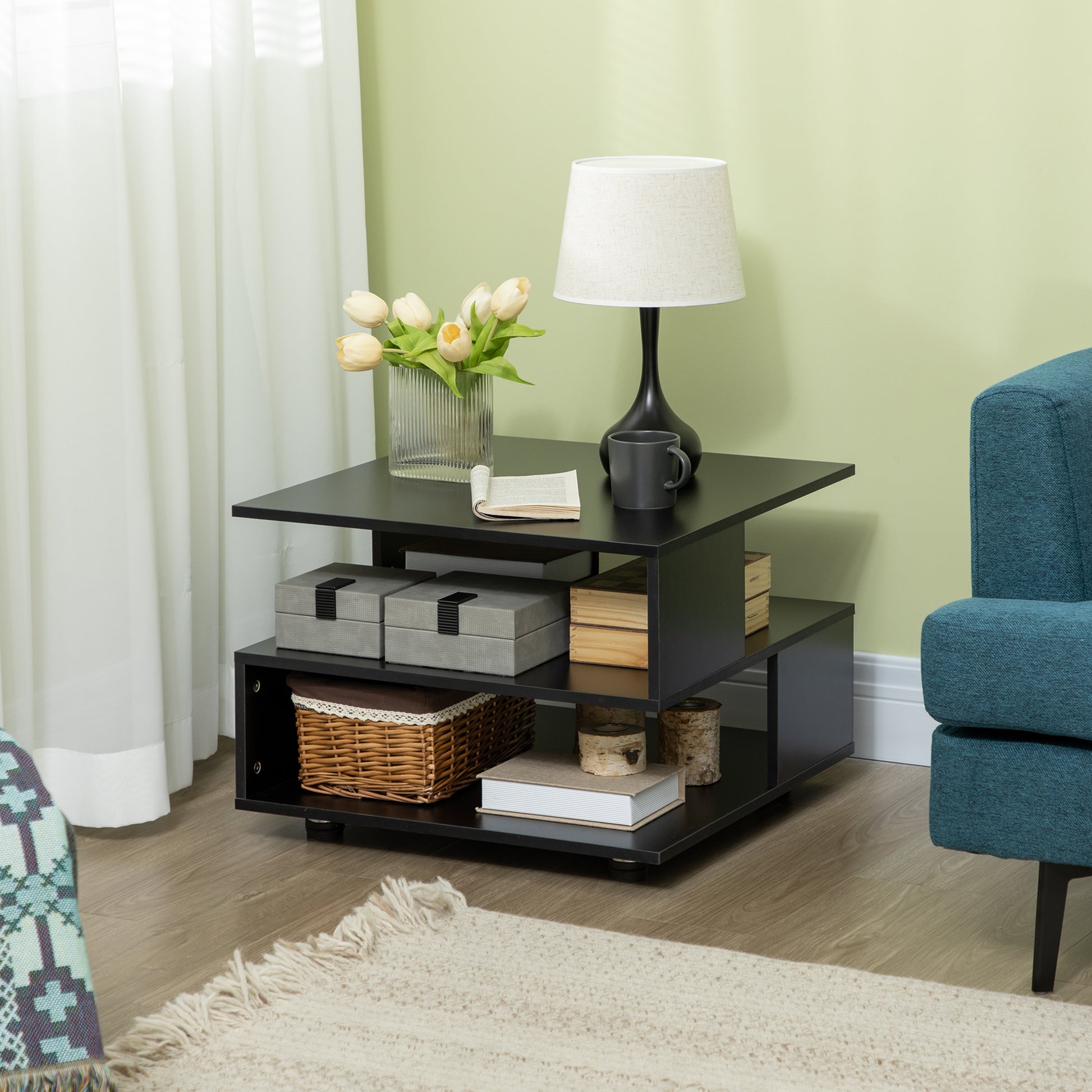 Asymmetrical Coffee Table with Shelves, Square Wooden Living Room Table with Adjustable Feet, 60x60x45cm, Black
