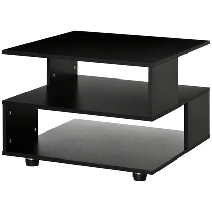 Asymmetrical Coffee Table with Shelves, Square Wooden Living Room Table with Adjustable Feet, 60x60x45cm, Black