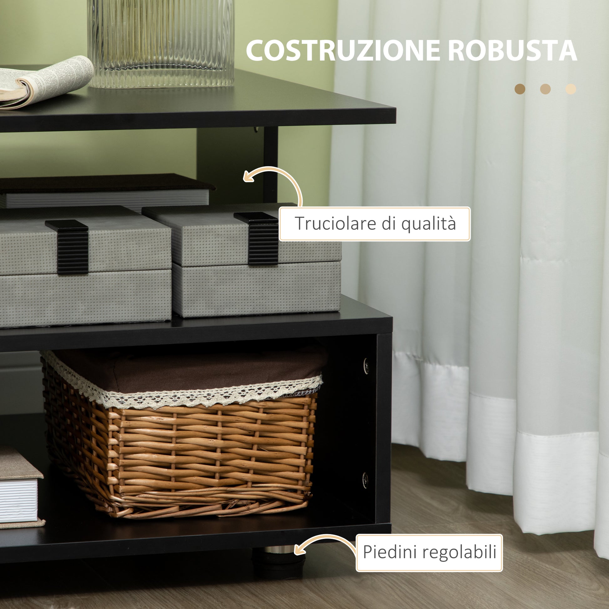 Asymmetrical Coffee Table with Shelves, Square Wooden Living Room Table with Adjustable Feet, 60x60x45cm, Black