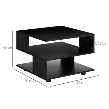 Asymmetrical Coffee Table with Shelves, Square Wooden Living Room Table with Adjustable Feet, 60x60x45cm, Black