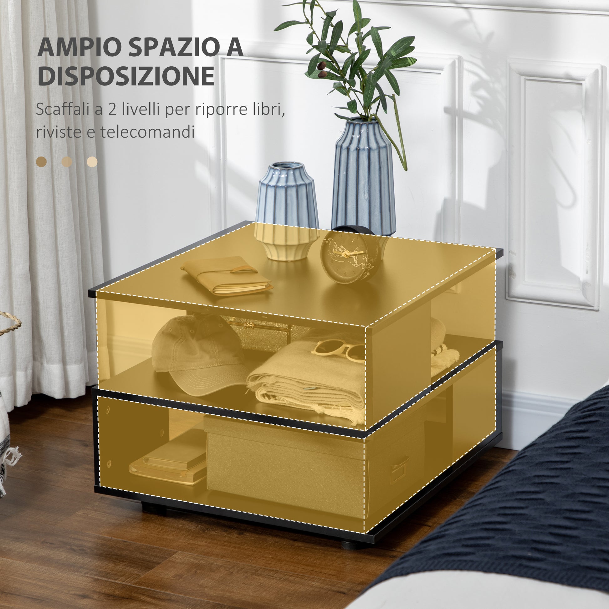 Asymmetrical Coffee Table with Shelves, Square Wooden Living Room Table with Adjustable Feet, 60x60x45cm, Black