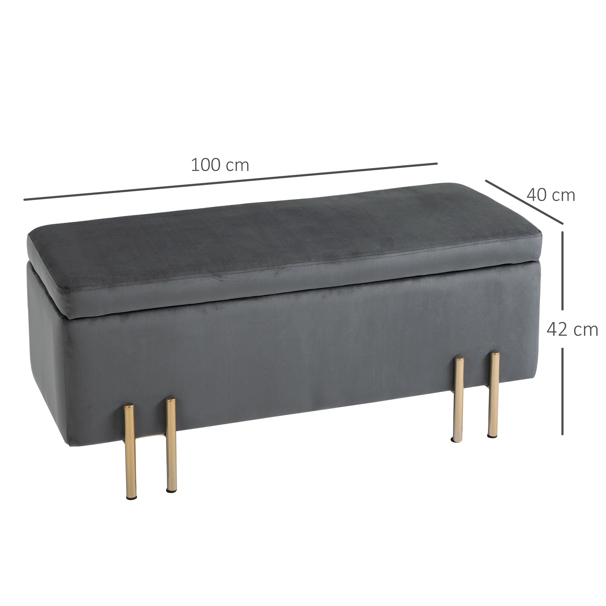 Upholstered Storage Bench with Velvet Look, Ottoman with Metal Legs, Storage Bench for Living Room Bedroom Entryway 100 x 40 x 42 cm, Dark Gray