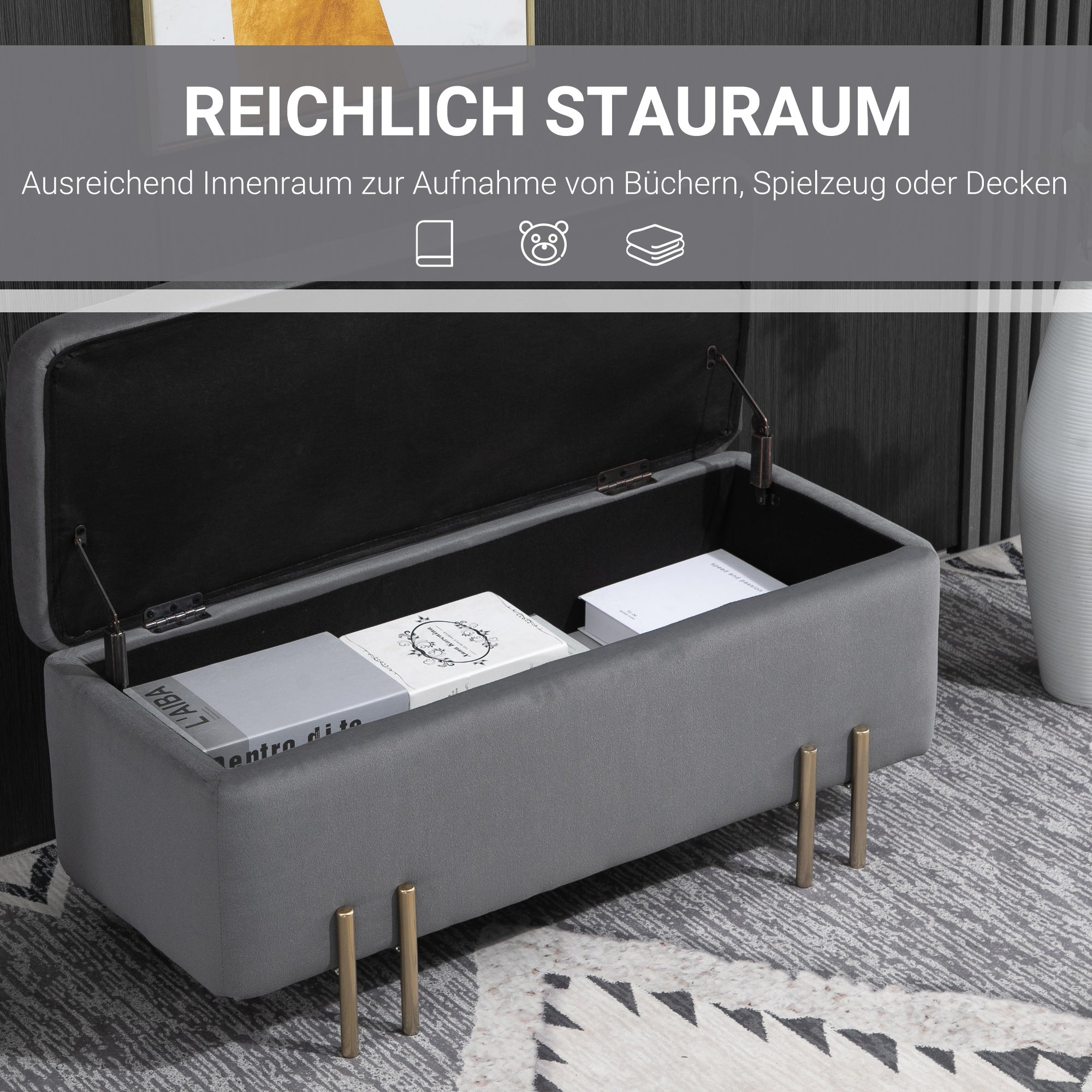 Upholstered Storage Bench with Velvet Look, Ottoman with Metal Legs, Storage Bench for Living Room Bedroom Entryway 100 x 40 x 42 cm, Dark Gray