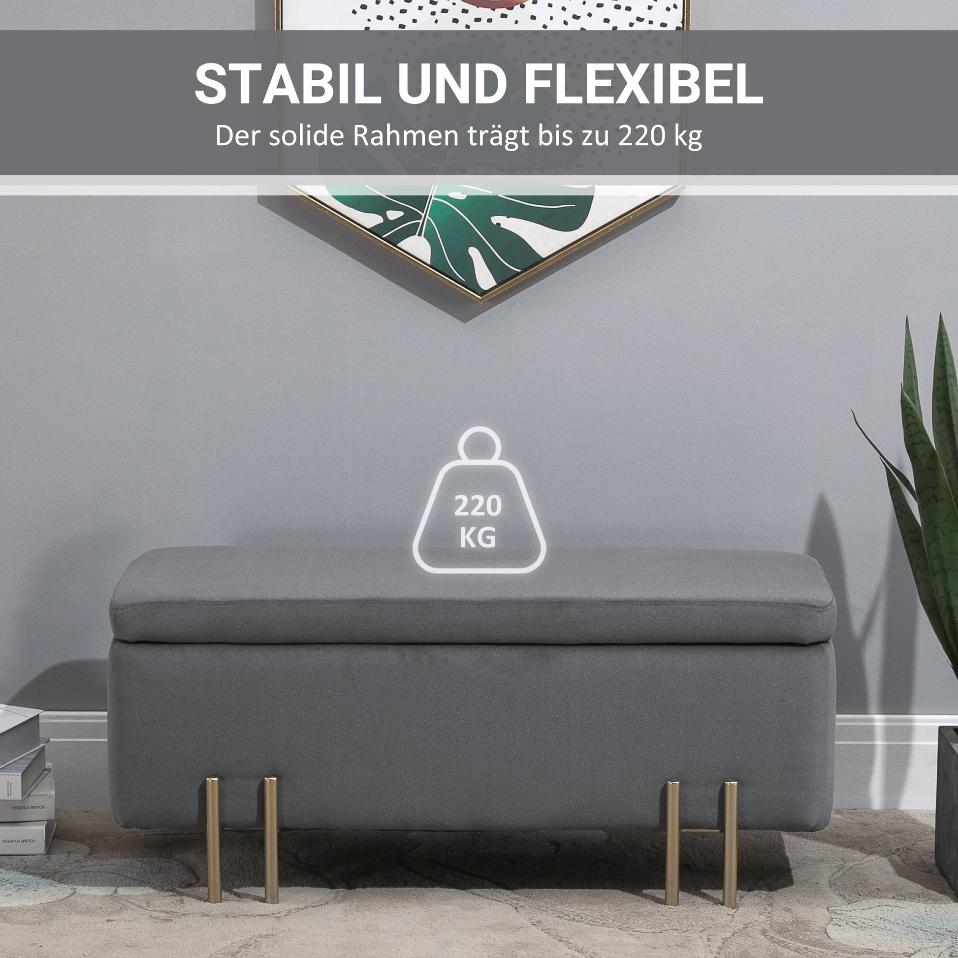 Upholstered Storage Bench with Velvet Look, Ottoman with Metal Legs, Storage Bench for Living Room Bedroom Entryway 100 x 40 x 42 cm, Dark Gray