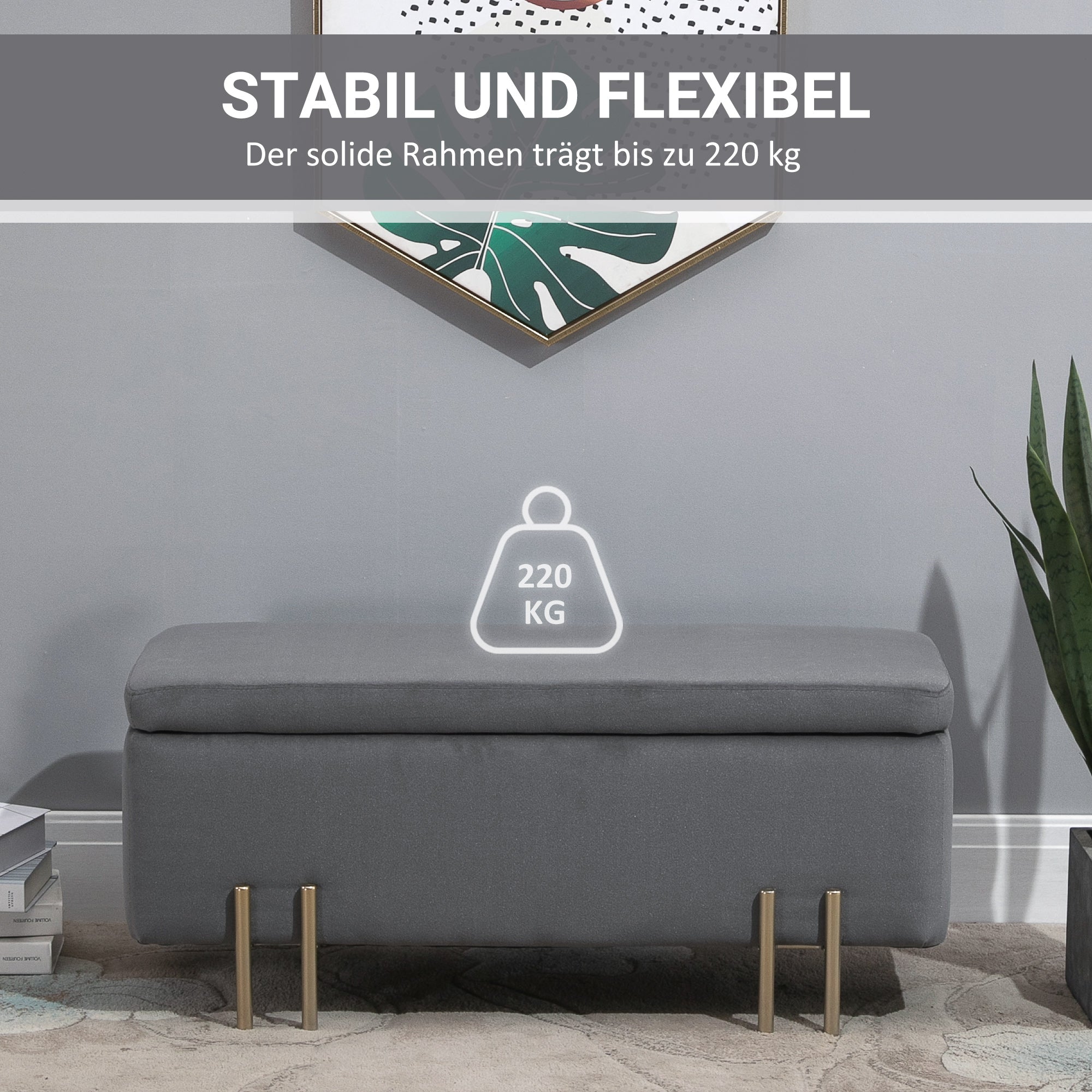 Upholstered Storage Bench with Velvet Look, Ottoman with Metal Legs, Storage Bench for Living Room Bedroom Entryway 100 x 40 x 42 cm, Dark Gray