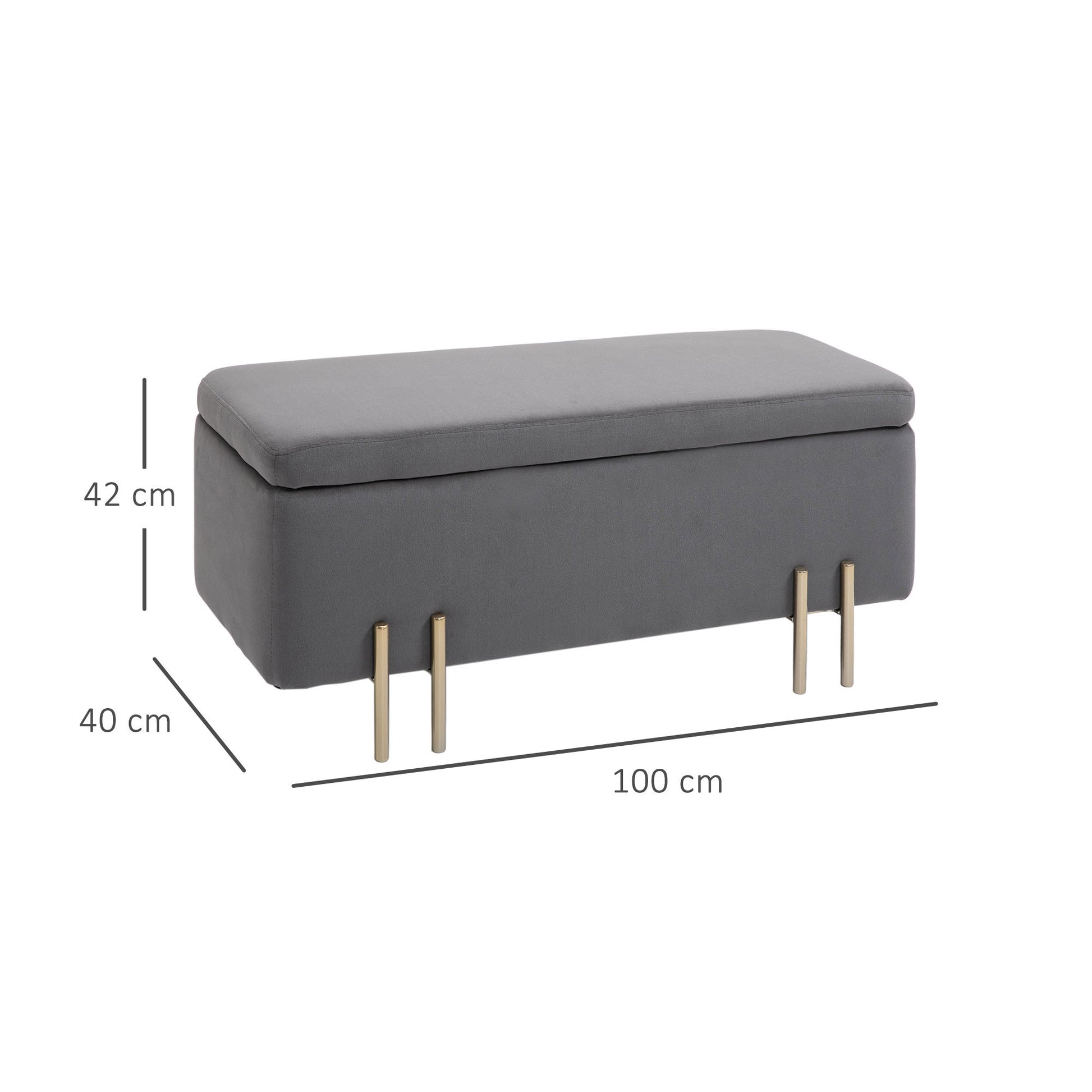 Upholstered Storage Bench with Velvet Look, Ottoman with Metal Legs, Storage Bench for Living Room Bedroom Entryway 100 x 40 x 42 cm, Dark Gray