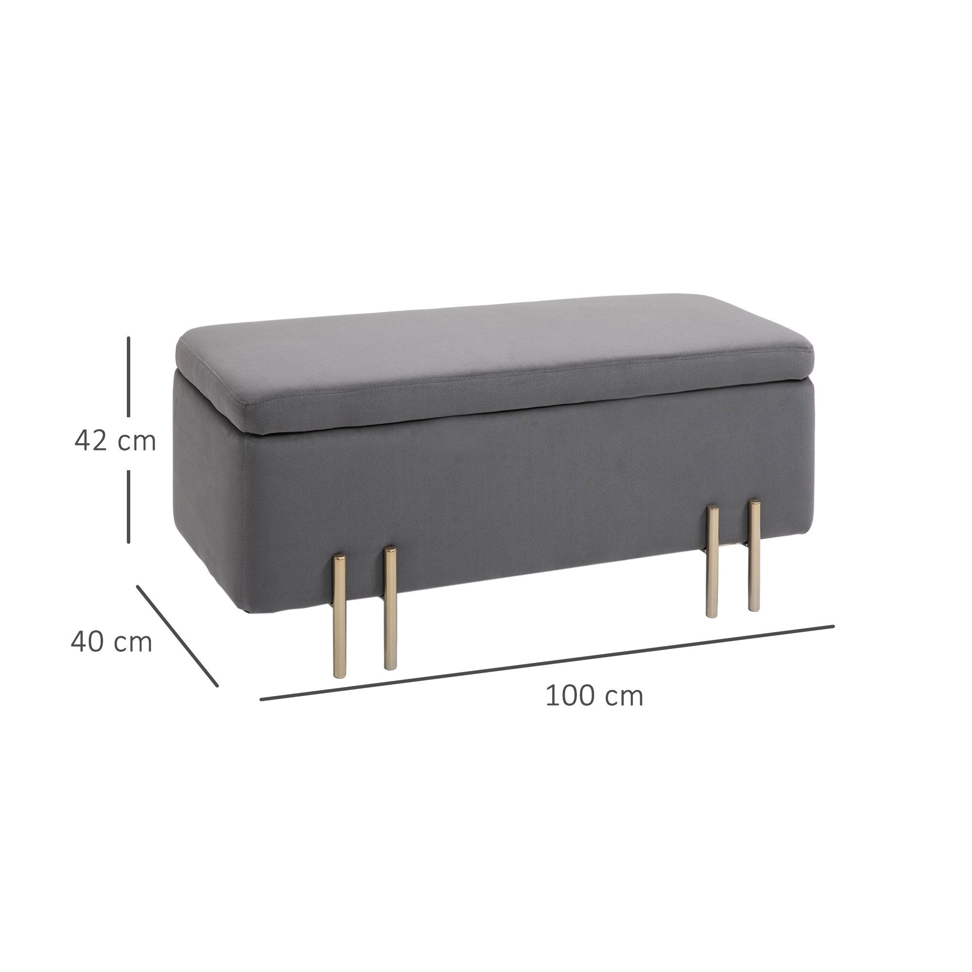 Upholstered Storage Bench with Velvet Look, Ottoman with Metal Legs, Storage Bench for Living Room Bedroom Entryway 100 x 40 x 42 cm, Dark Gray