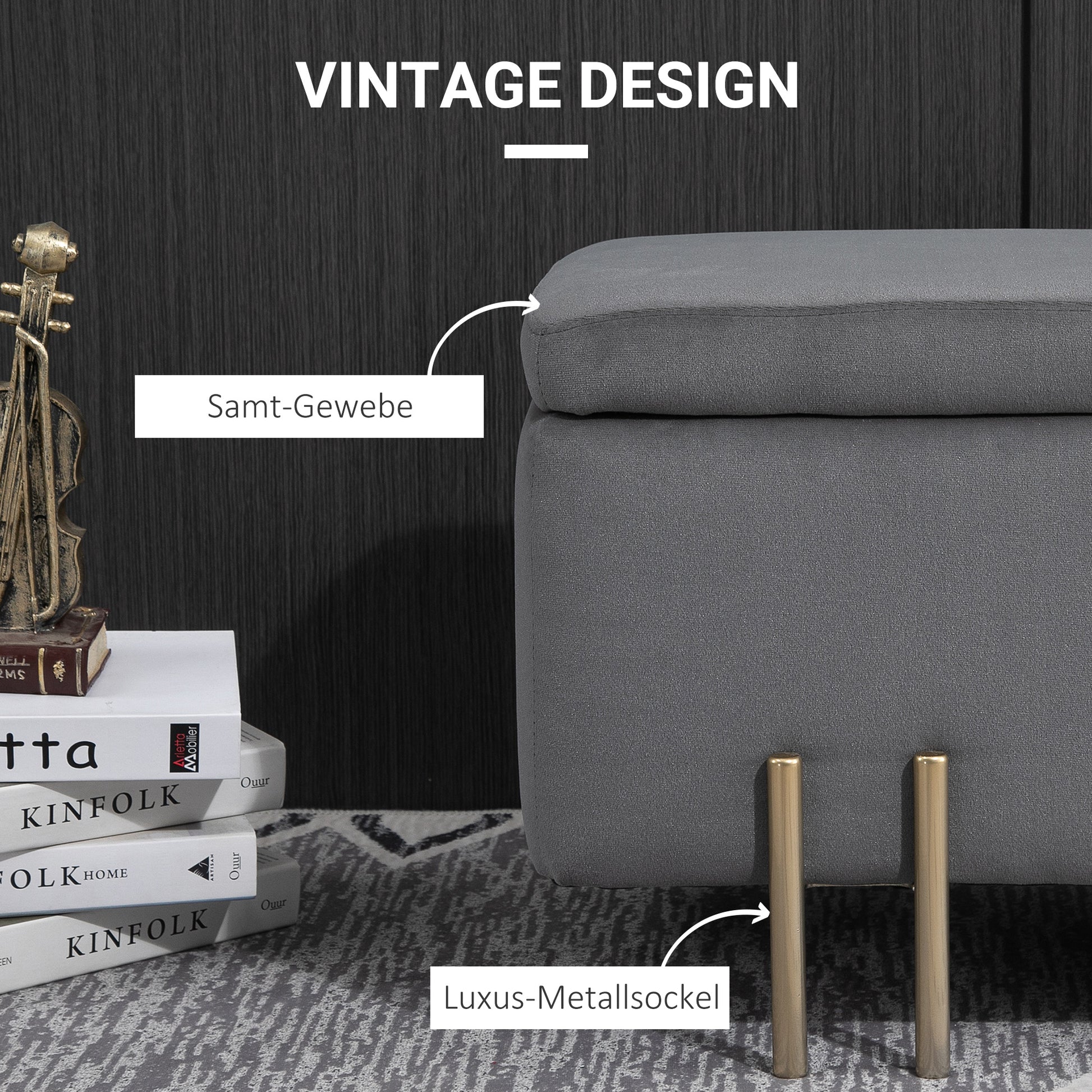 Upholstered Storage Bench with Velvet Look, Ottoman with Metal Legs, Storage Bench for Living Room Bedroom Entryway 100 x 40 x 42 cm, Dark Gray