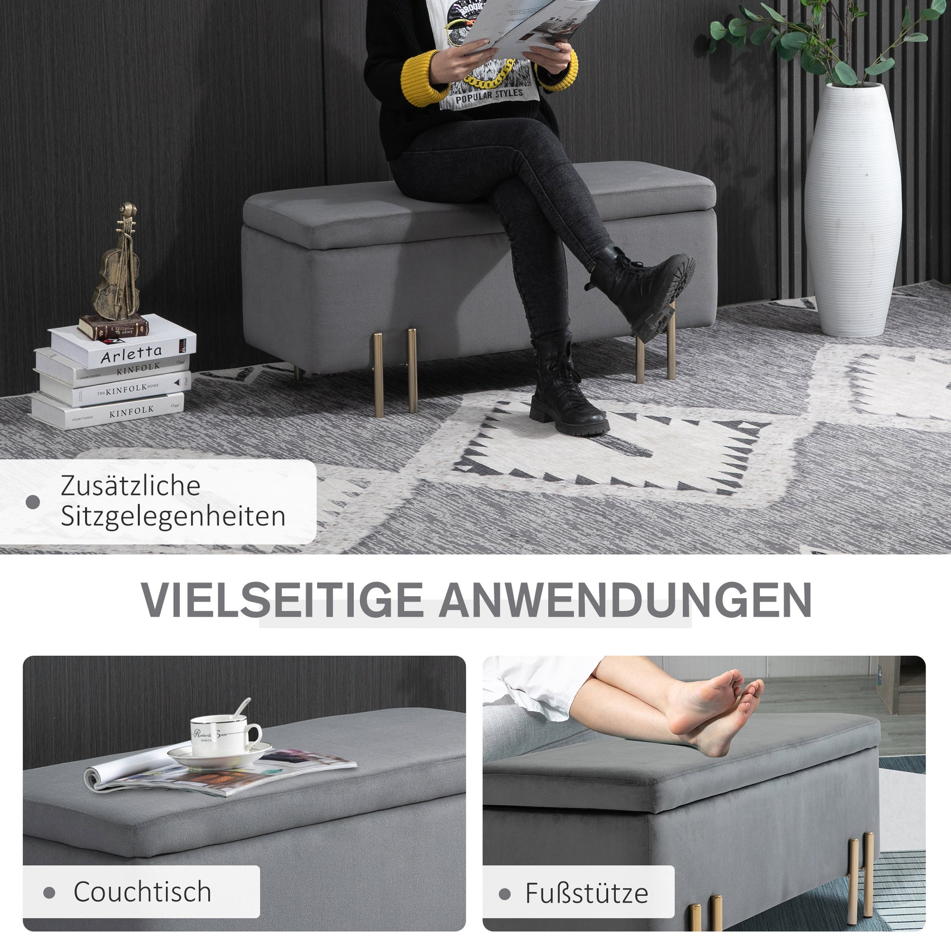 Upholstered Storage Bench with Velvet Look, Ottoman with Metal Legs, Storage Bench for Living Room Bedroom Entryway 100 x 40 x 42 cm, Dark Gray