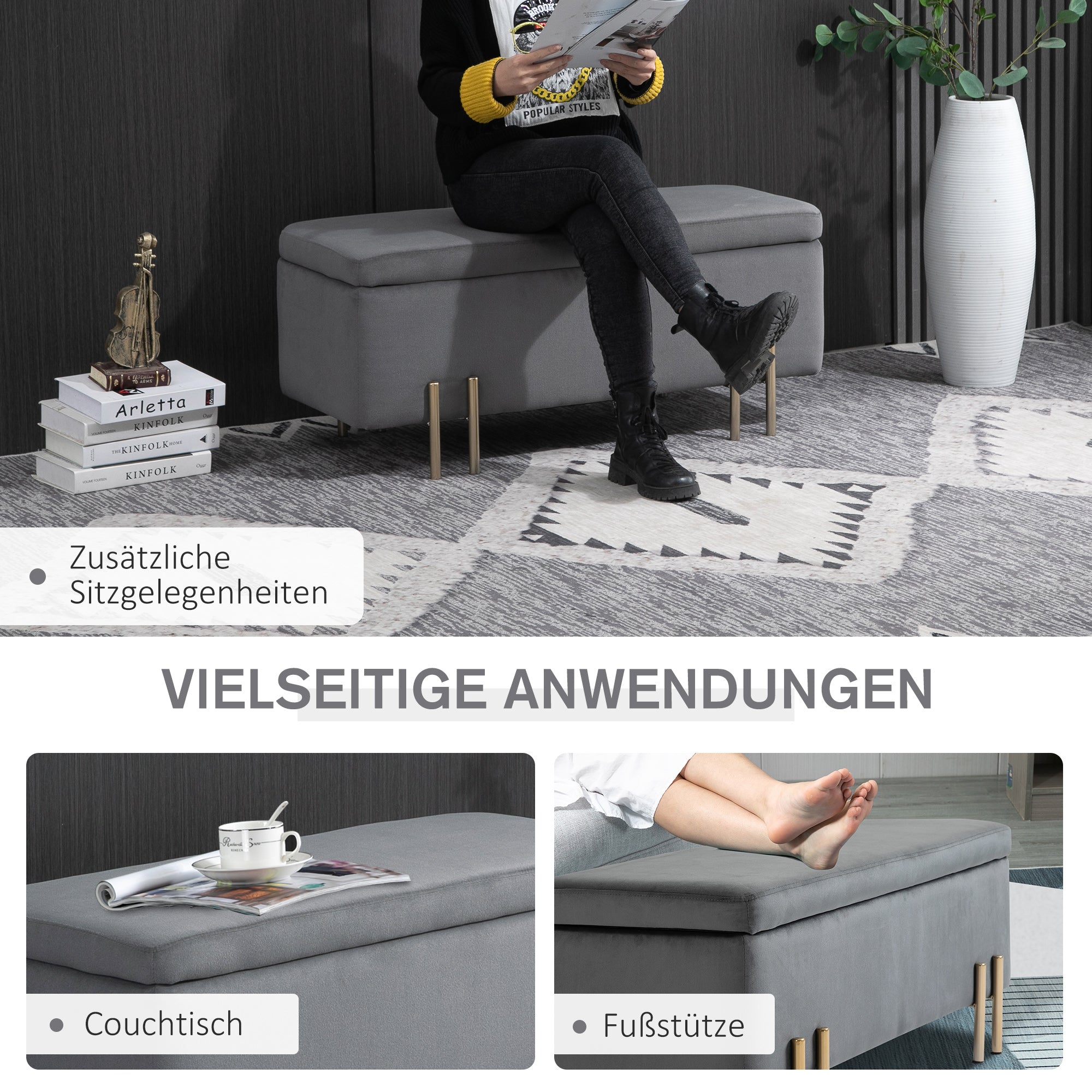 Upholstered Storage Bench with Velvet Look, Ottoman with Metal Legs, Storage Bench for Living Room Bedroom Entryway 100 x 40 x 42 cm, Dark Gray