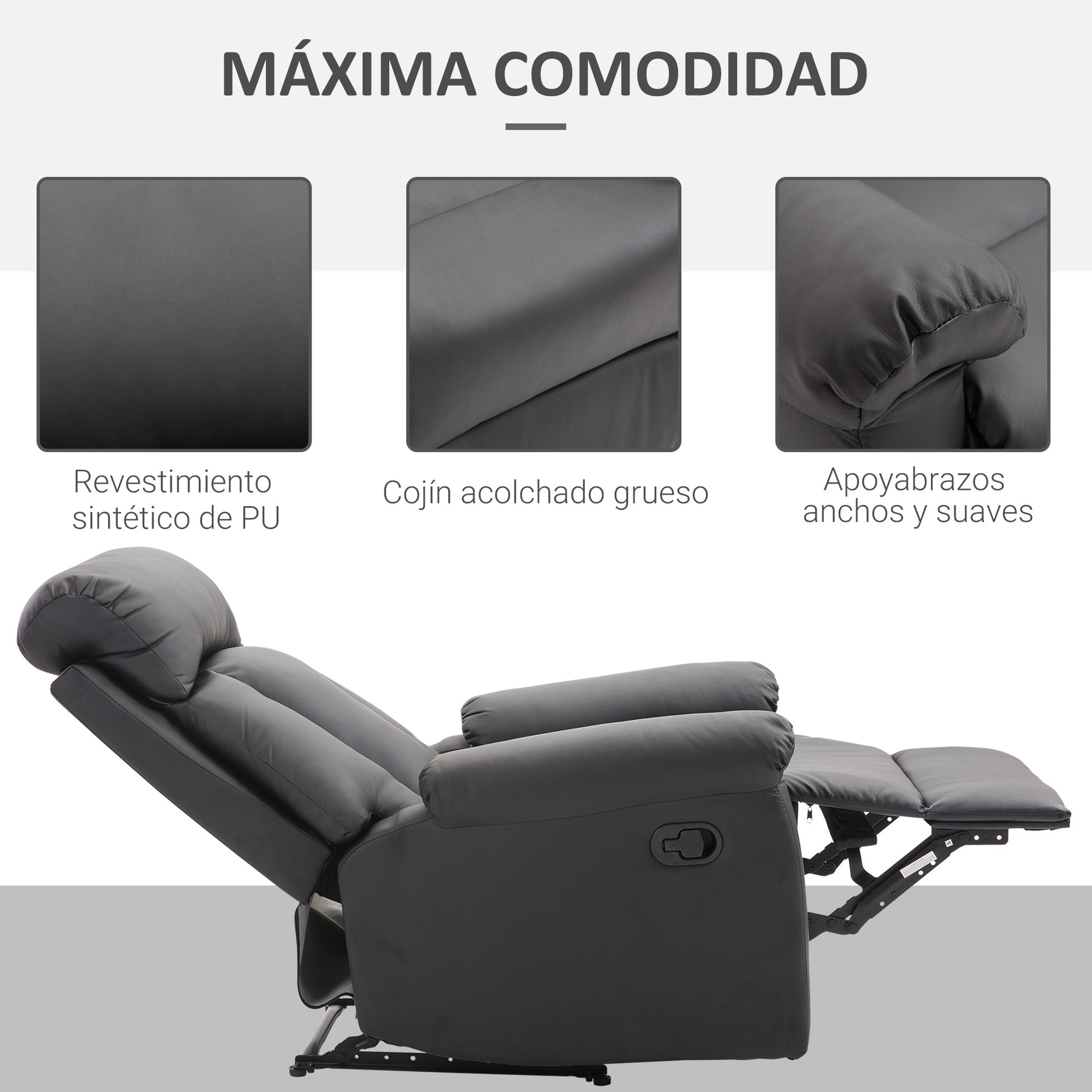 Reclining Relax Armchair Upholstered in PU with Retractable Footrest High Backrest Padded Armrests and Seat Thick 31.5x38.2x42.1 inches Black