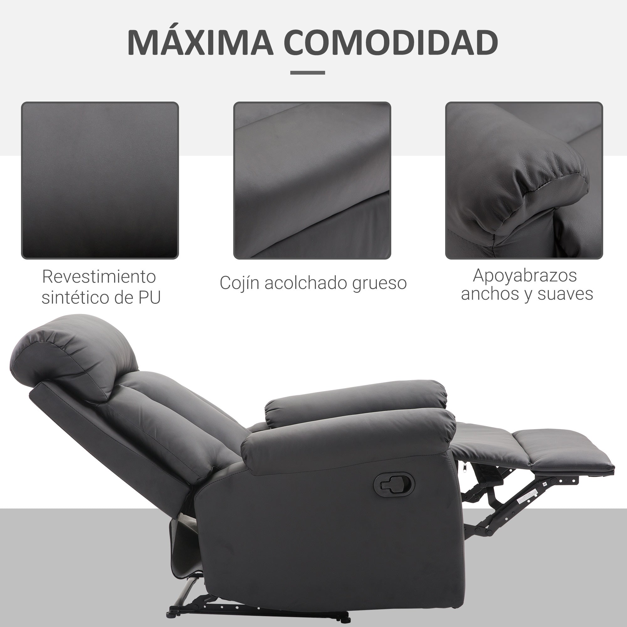 Reclining Relax Armchair Upholstered in PU with Retractable Footrest High Backrest Padded Armrests and Seat Thick 31.5x38.2x42.1 inches Black