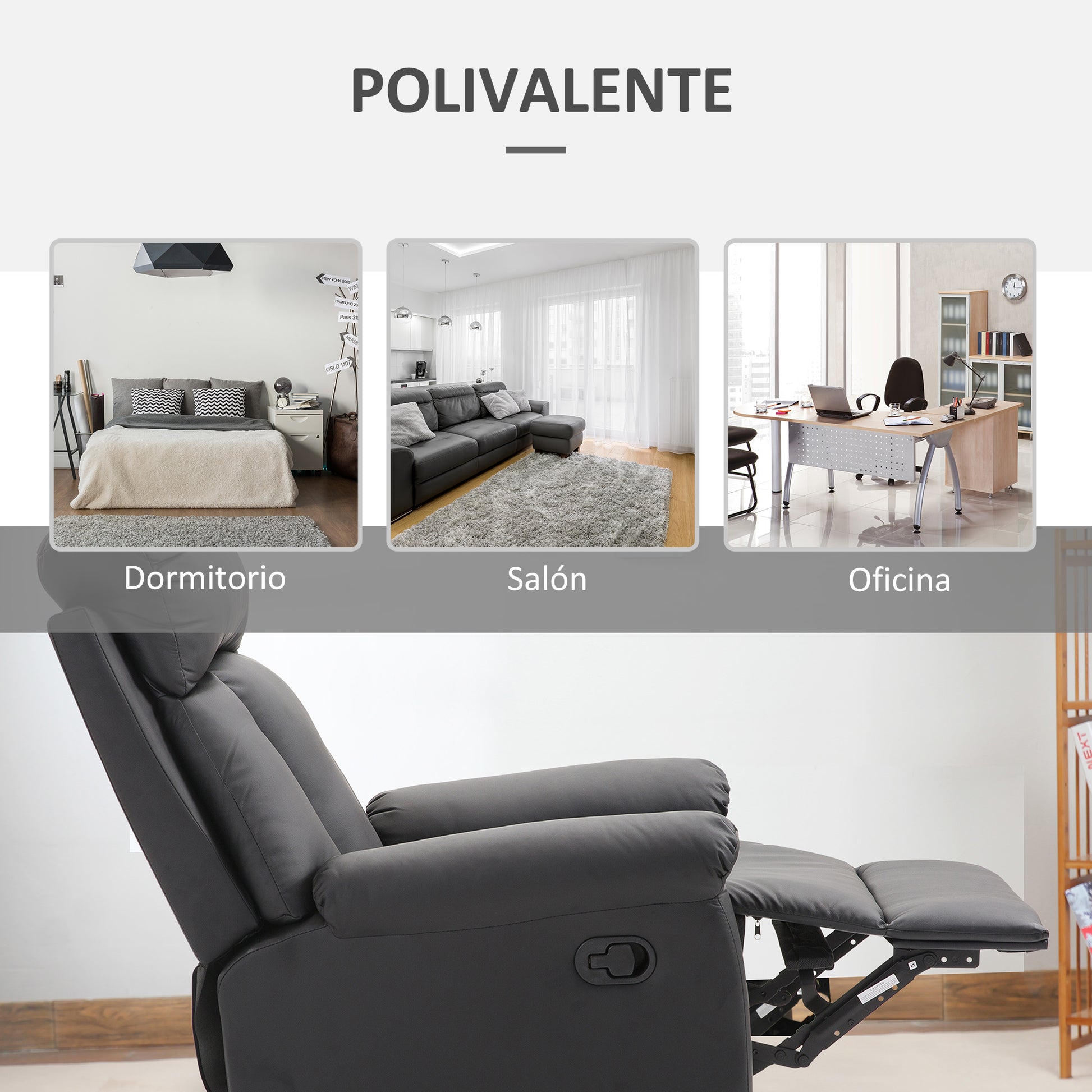 Reclining Relax Armchair Upholstered in PU with Retractable Footrest High Backrest Padded Armrests and Seat Thick 31.5x38.2x42.1 inches Black