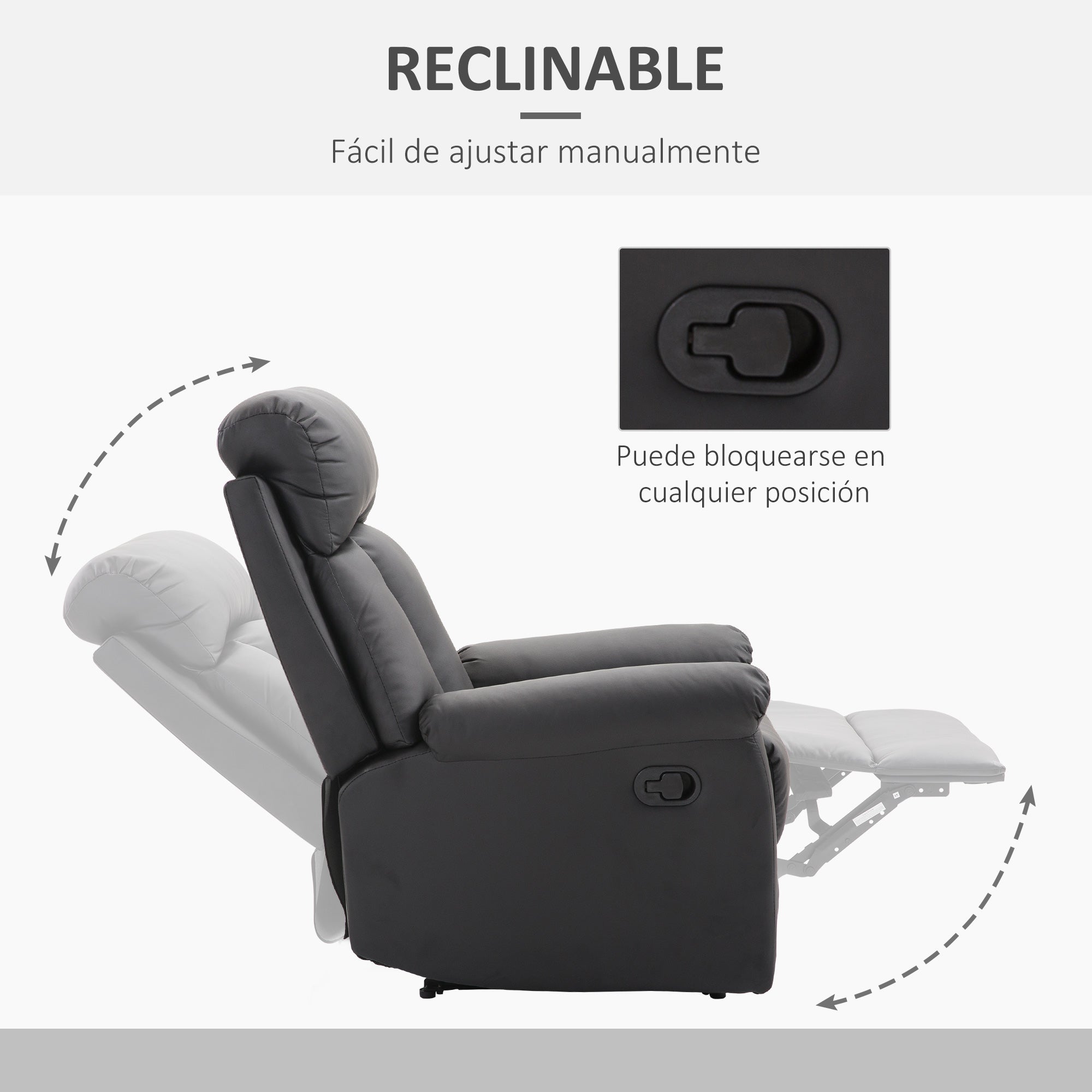 Reclining Relax Armchair Upholstered in PU with Retractable Footrest High Backrest Padded Armrests and Seat Thick 31.5x38.2x42.1 inches Black