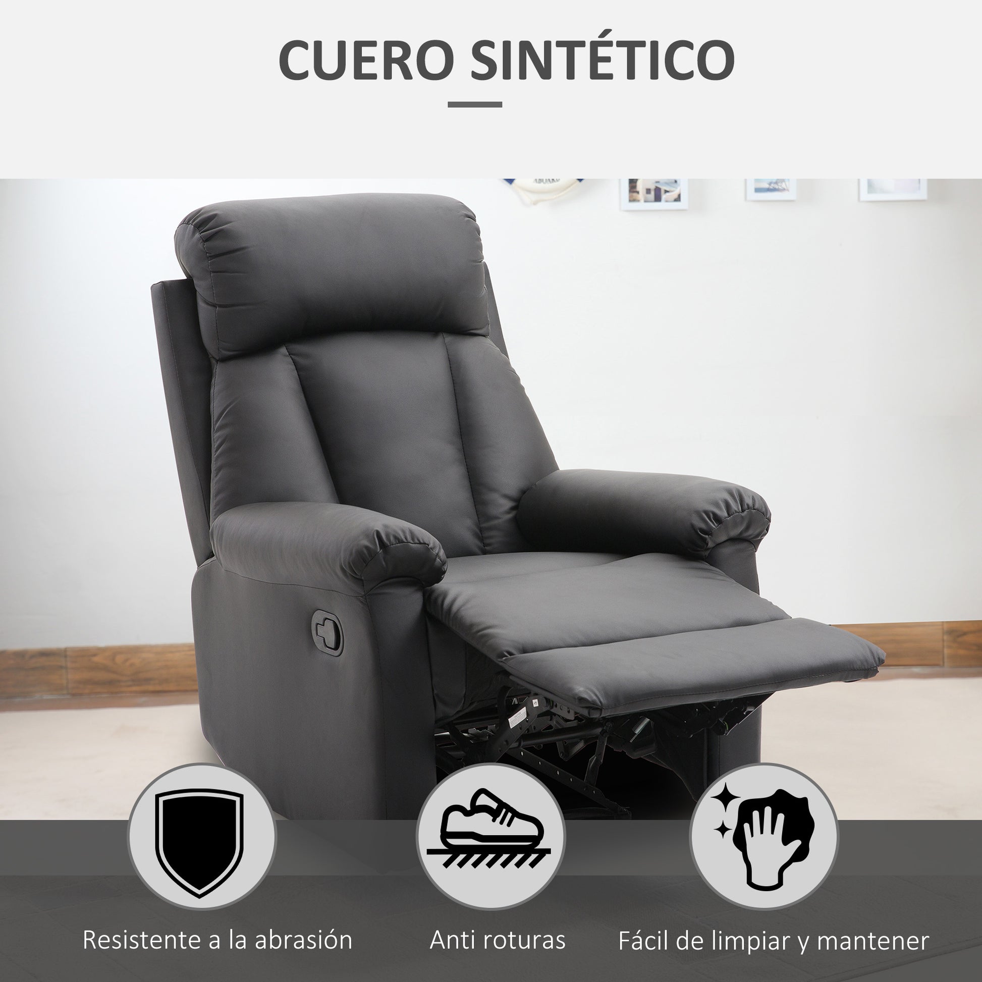 Reclining Relax Armchair Upholstered in PU with Retractable Footrest High Backrest Padded Armrests and Seat Thick 31.5x38.2x42.1 inches Black