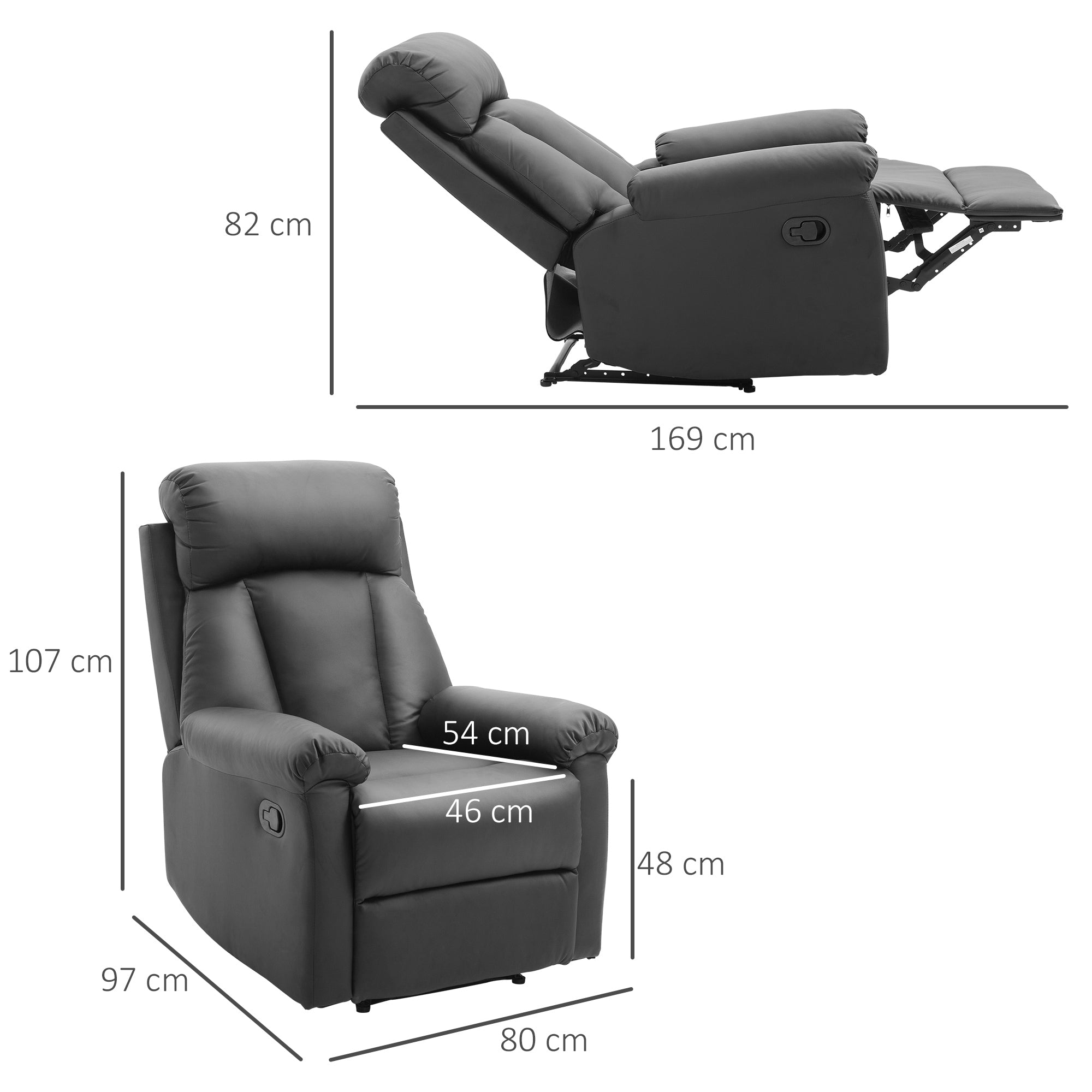 Reclining Relax Armchair Upholstered in PU with Retractable Footrest High Backrest Padded Armrests and Seat Thick 31.5x38.2x42.1 inches Black