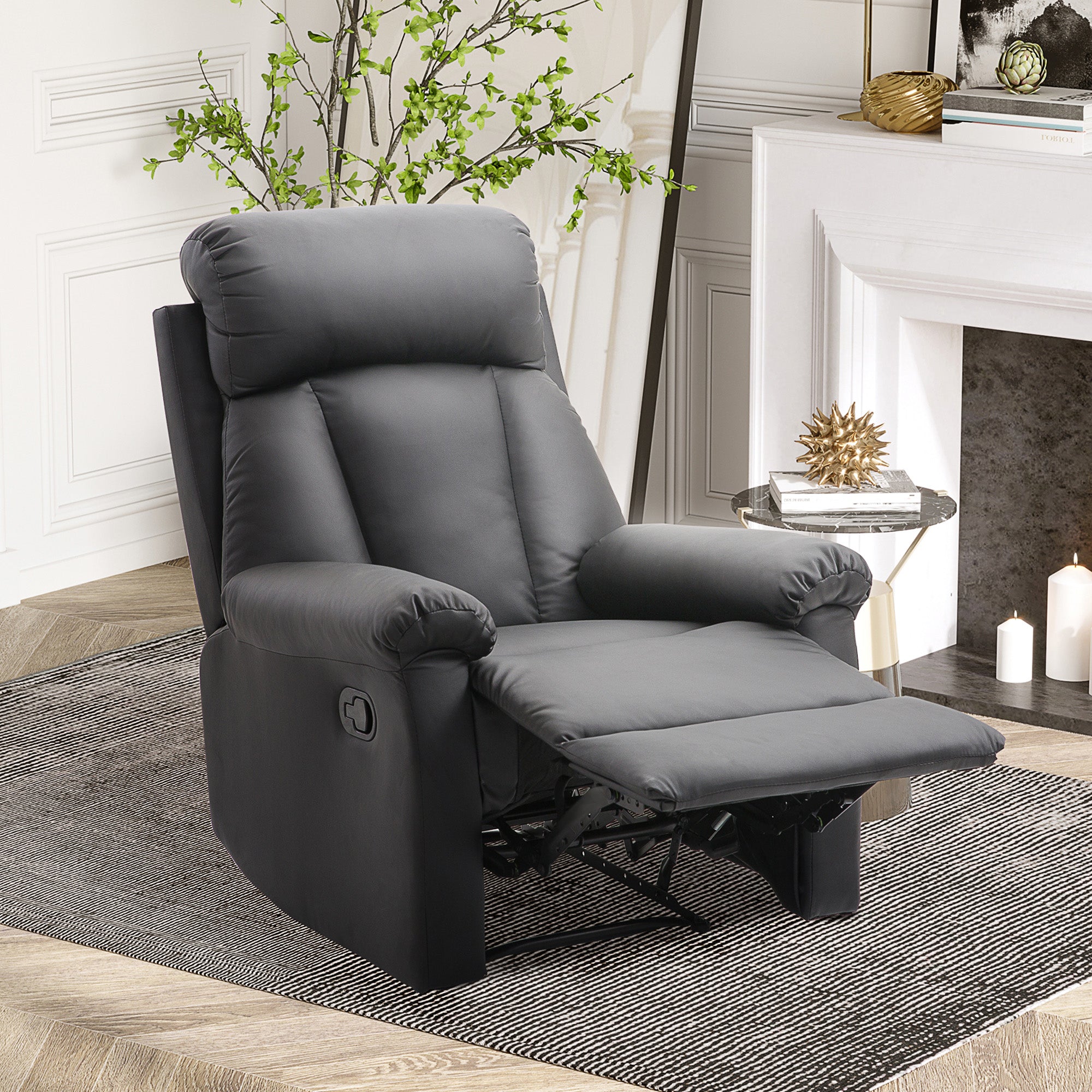 Reclining Relax Armchair Upholstered in PU with Retractable Footrest High Backrest Padded Armrests and Seat Thick 31.5x38.2x42.1 inches Black