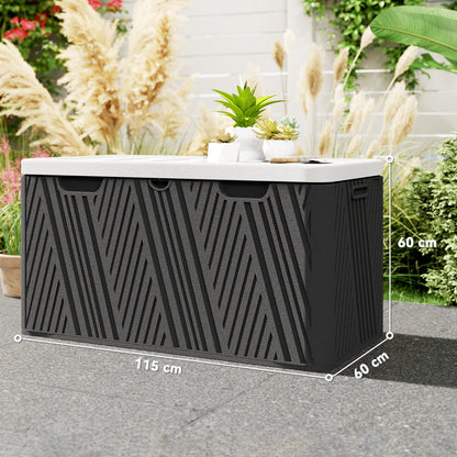 380L Outdoor Storage Box with Gas Strut Lid and 2 Side Handles, Waterproof HDPE Outdoor Storage Bench, UV Protection, 115x60x60 cm, Black and Gray
