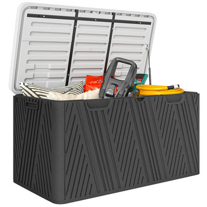 380L Outdoor Storage Box with Gas Strut Lid and 2 Side Handles, Waterproof HDPE Outdoor Storage Bench, UV Protection, 115x60x60 cm, Black and Gray