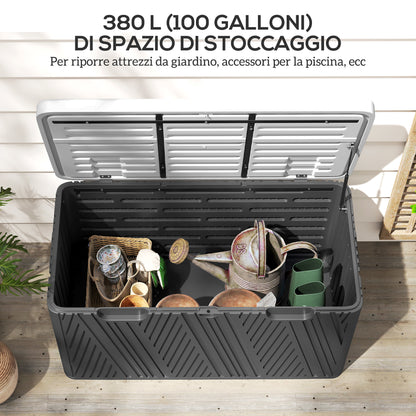 380L Outdoor Storage Box with Gas Strut Lid and 2 Side Handles, Waterproof HDPE Outdoor Storage Bench, UV Protection, 115x60x60 cm, Black and Gray