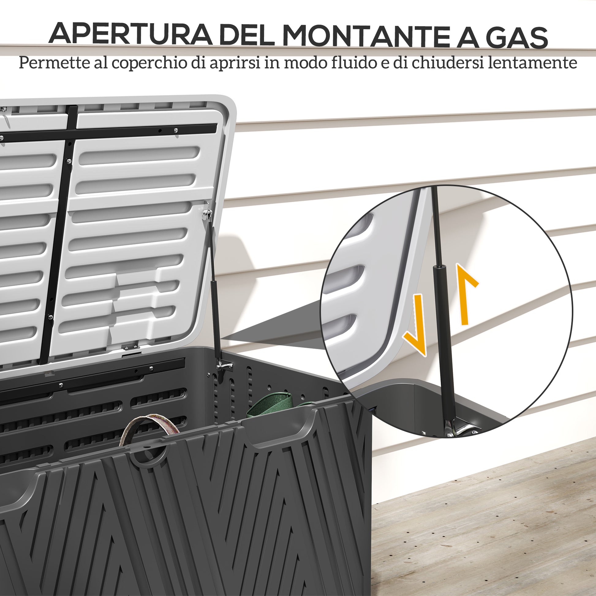 380L Outdoor Storage Box with Gas Strut Lid and 2 Side Handles, Waterproof HDPE Outdoor Storage Bench, UV Protection, 115x60x60 cm, Black and Gray