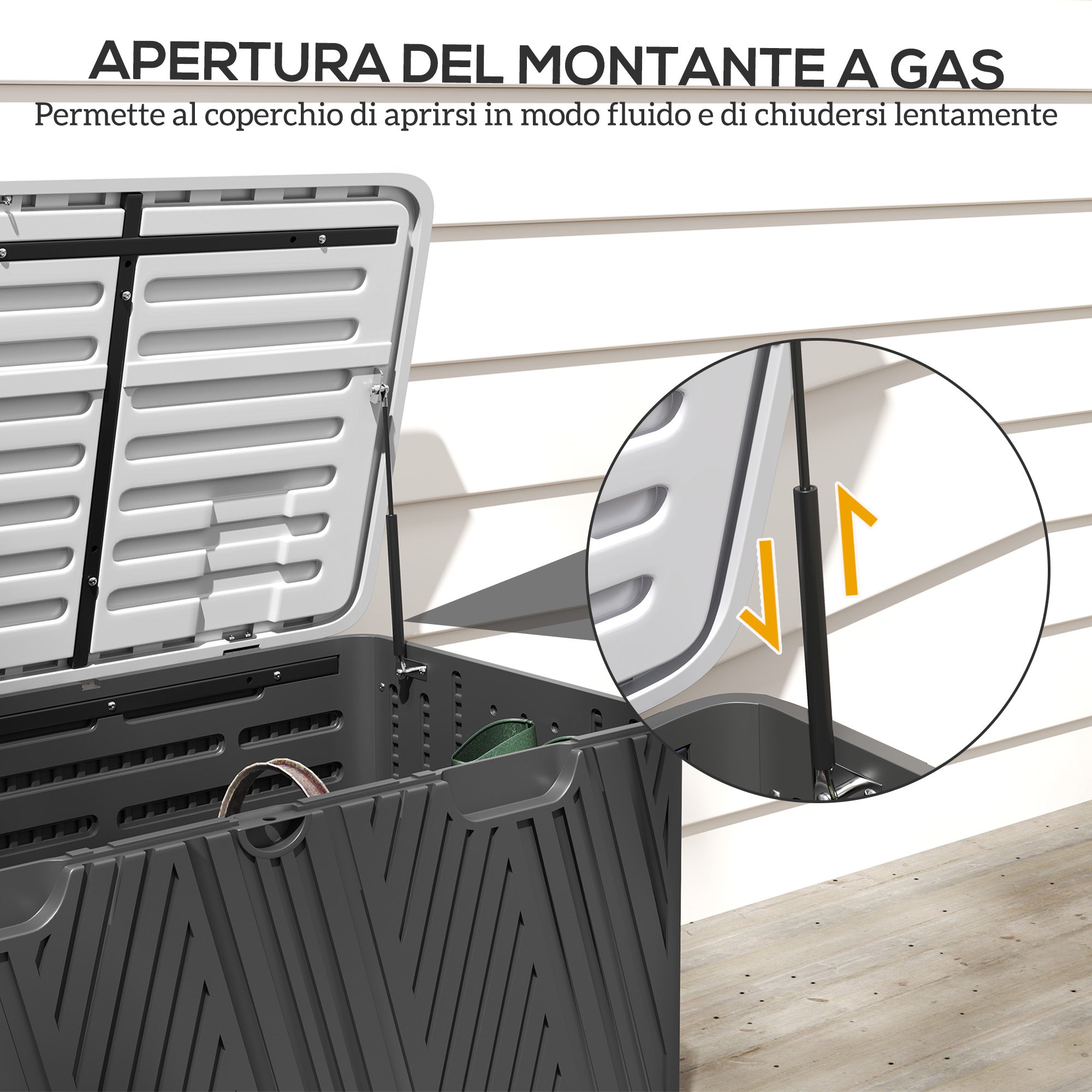 380L Outdoor Storage Box with Gas Strut Lid and 2 Side Handles, Waterproof HDPE Outdoor Storage Bench, UV Protection, 115x60x60 cm, Black and Gray