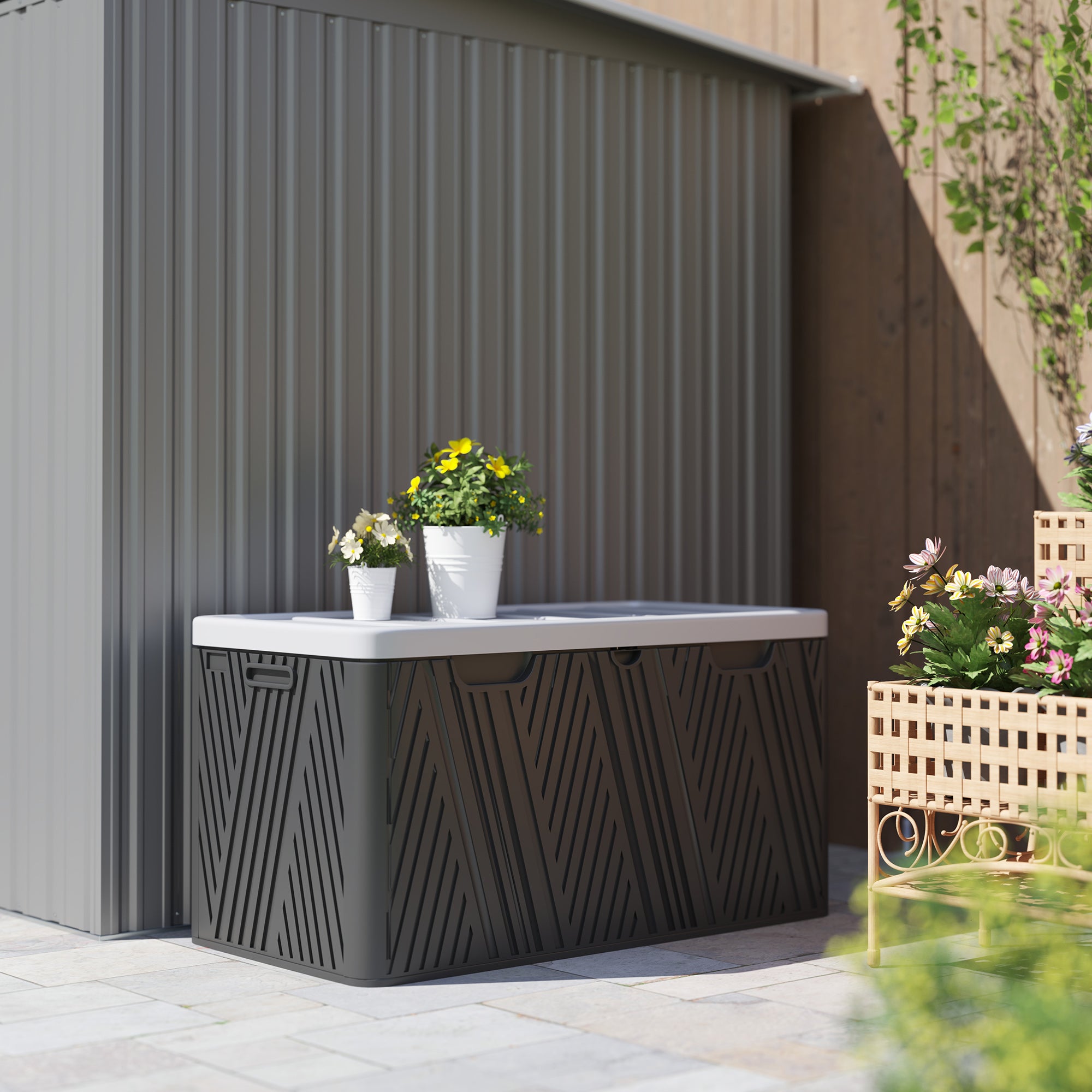 380L Outdoor Storage Box with Gas Strut Lid and 2 Side Handles, Waterproof HDPE Outdoor Storage Bench, UV Protection, 115x60x60 cm, Black and Gray