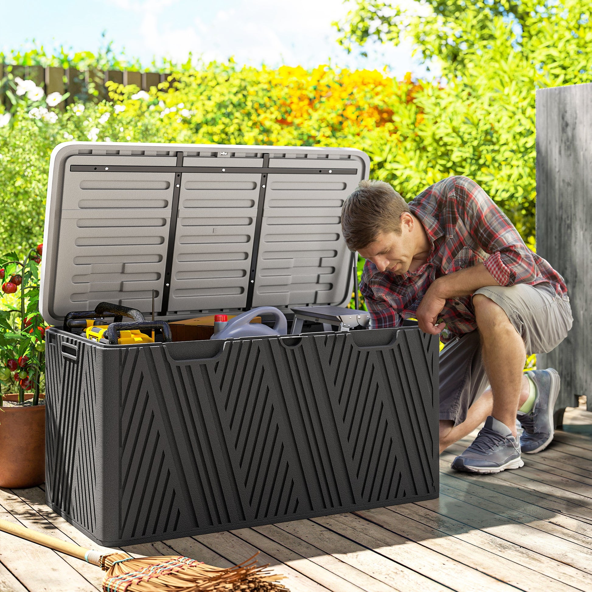 380L Outdoor Storage Box with Gas Strut Lid and 2 Side Handles, Waterproof HDPE Outdoor Storage Bench, UV Protection, 115x60x60 cm, Black and Gray