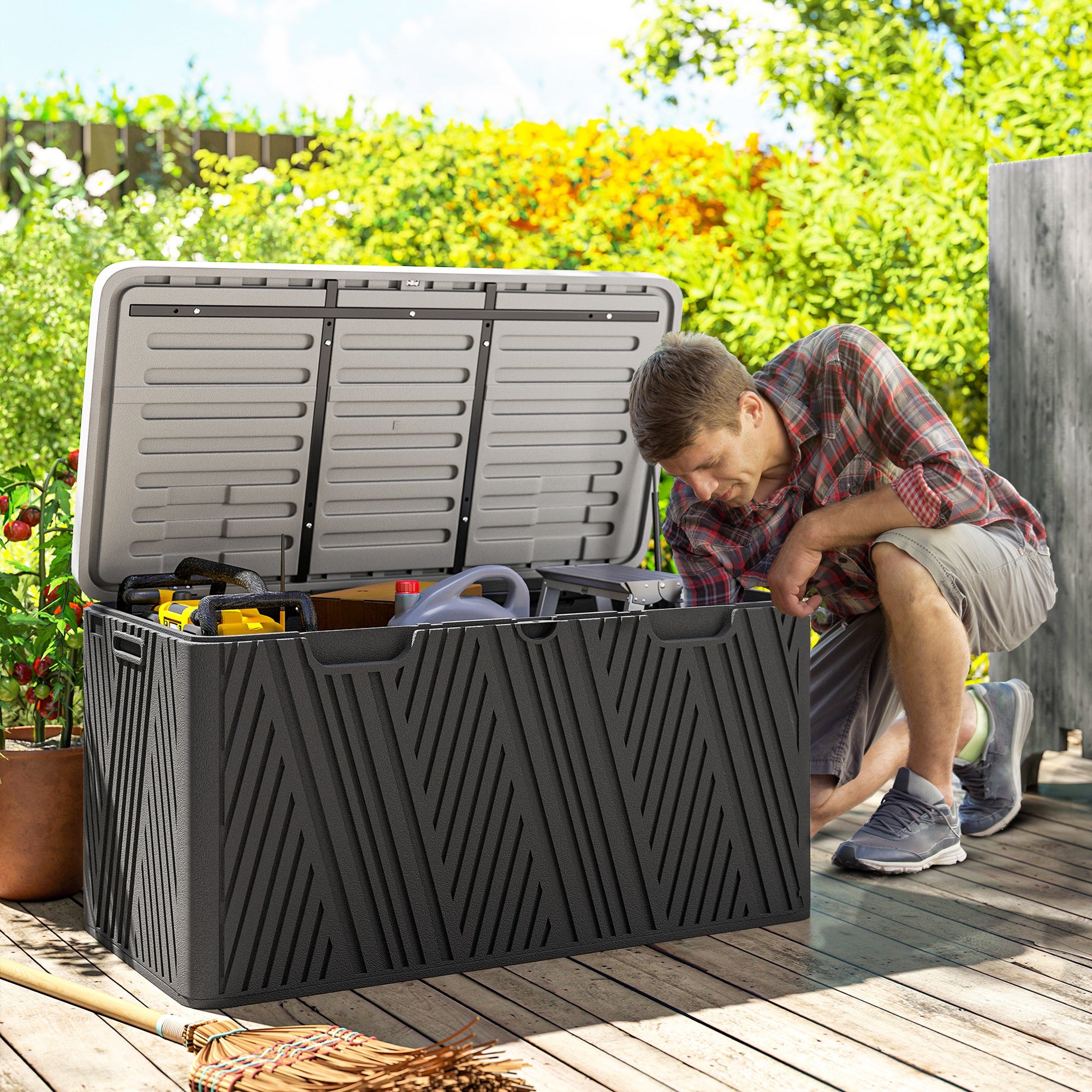 380L Outdoor Storage Box with Gas Strut Lid and 2 Side Handles, Waterproof HDPE Outdoor Storage Bench, UV Protection, 115x60x60 cm, Black and Gray