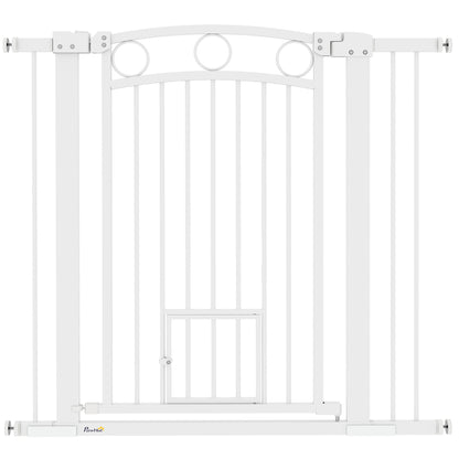 Door Safety Gate for Dogs, 76-104 cm Barrier Gate without Drilling, Stair Gate Made of Steel, Stair Safety Gate with Cat Door, Safety Gate for Stairs, Doors, Hallways, White