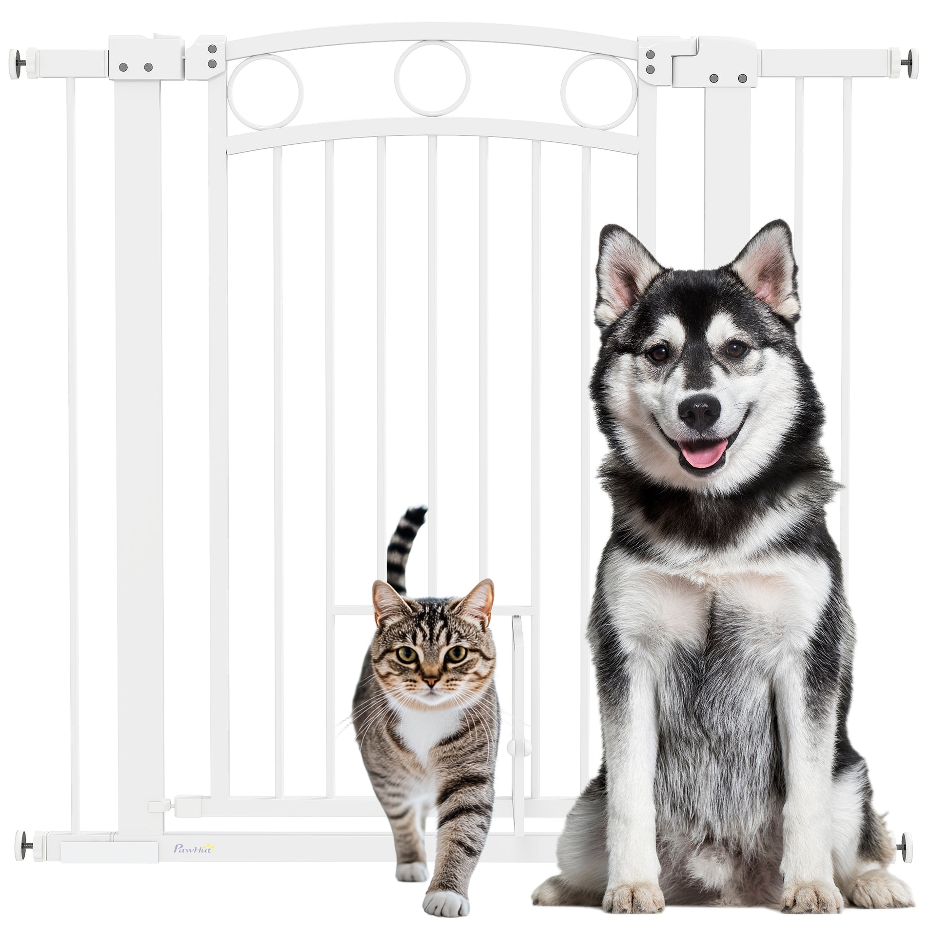 Door Safety Gate for Dogs, 76-104 cm Barrier Gate without Drilling, Stair Gate Made of Steel, Stair Safety Gate with Cat Door, Safety Gate for Stairs, Doors, Hallways, White