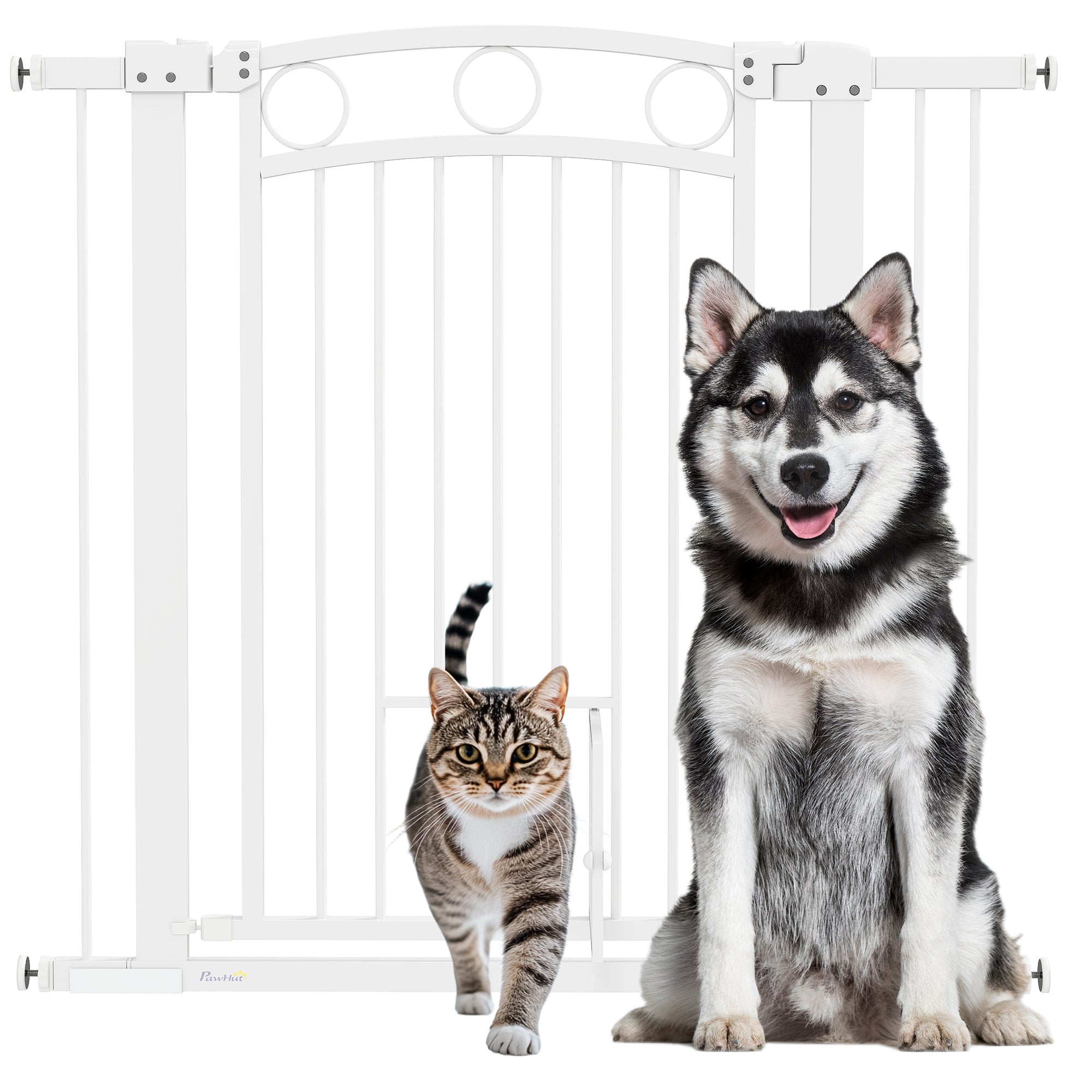 Door Safety Gate for Dogs, 76-104 cm Barrier Gate without Drilling, Stair Gate Made of Steel, Stair Safety Gate with Cat Door, Safety Gate for Stairs, Doors, Hallways, White