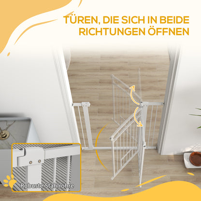 Door Safety Gate for Dogs, 76-104 cm Barrier Gate without Drilling, Stair Gate Made of Steel, Stair Safety Gate with Cat Door, Safety Gate for Stairs, Doors, Hallways, White