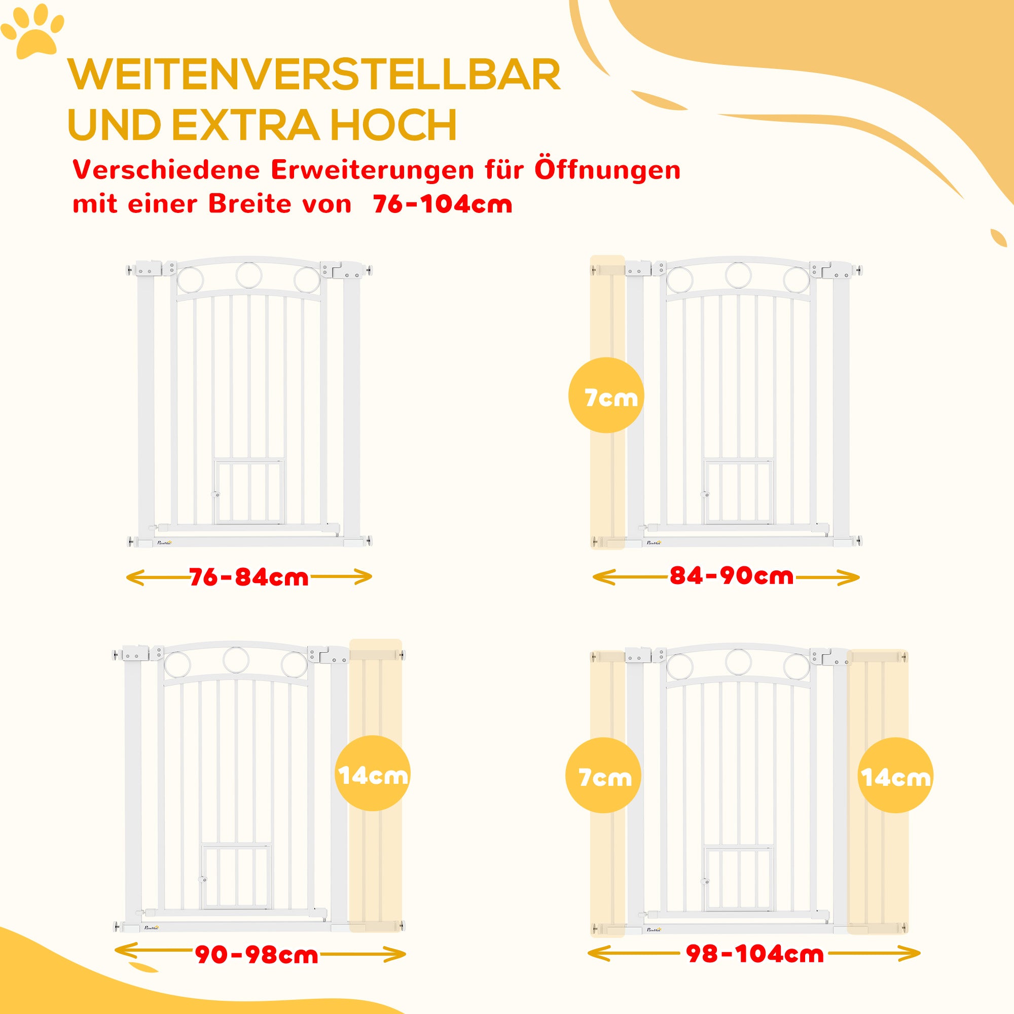 Door Safety Gate for Dogs, 76-104 cm Barrier Gate without Drilling, Stair Gate Made of Steel, Stair Safety Gate with Cat Door, Safety Gate for Stairs, Doors, Hallways, White