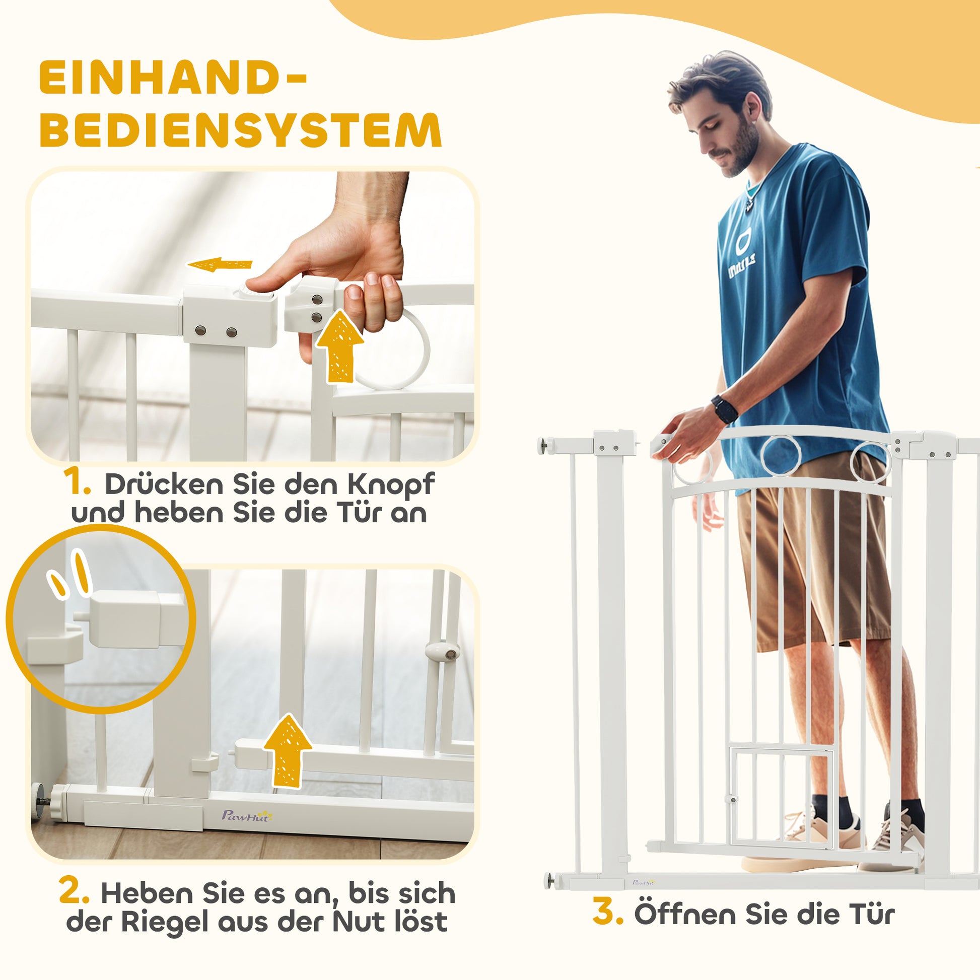 Door Safety Gate for Dogs, 76-104 cm Barrier Gate without Drilling, Stair Gate Made of Steel, Stair Safety Gate with Cat Door, Safety Gate for Stairs, Doors, Hallways, White