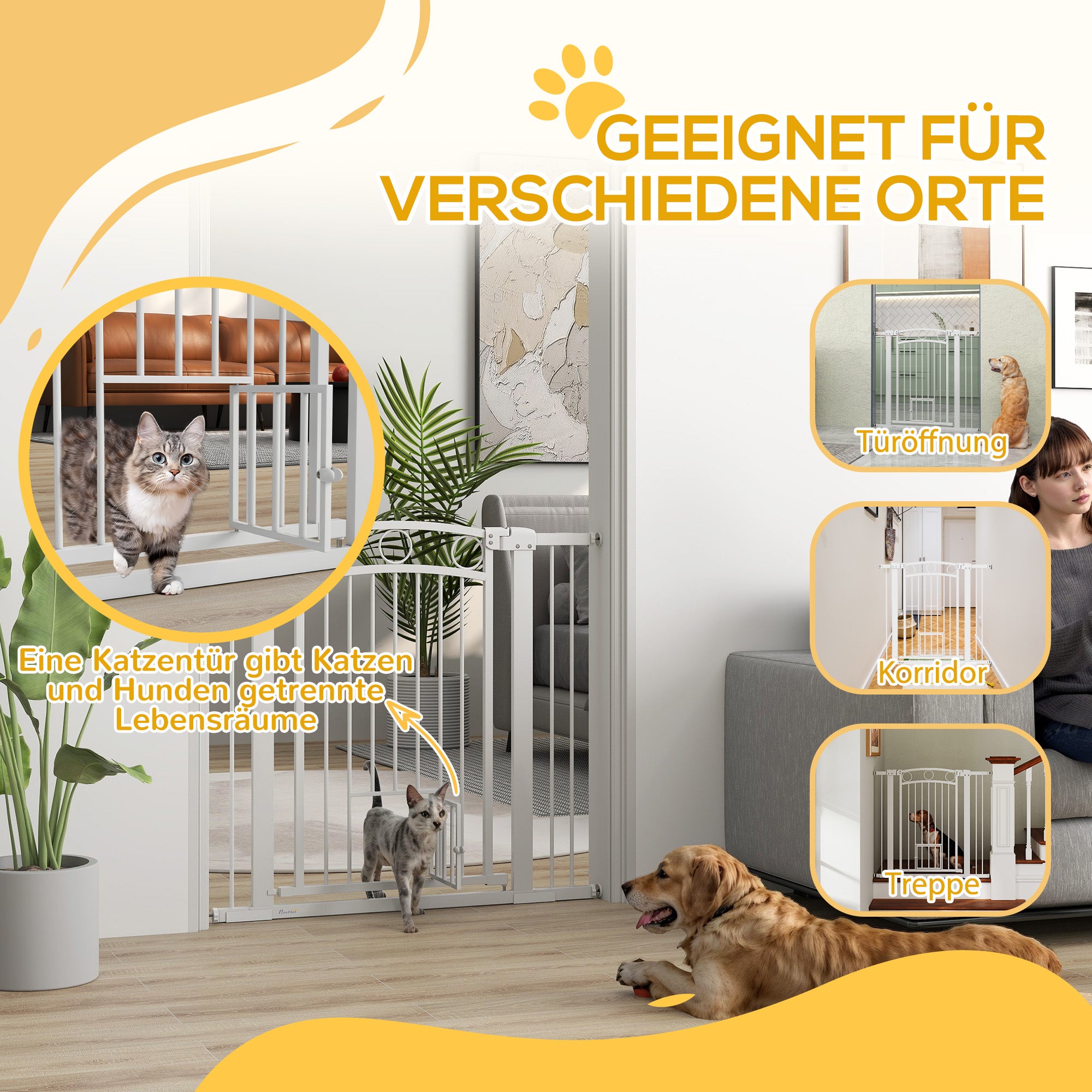 Door Safety Gate for Dogs, 76-104 cm Barrier Gate without Drilling, Stair Gate Made of Steel, Stair Safety Gate with Cat Door, Safety Gate for Stairs, Doors, Hallways, White