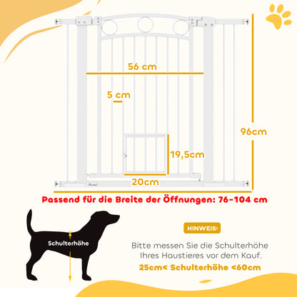 Door Safety Gate for Dogs, 76-104 cm Barrier Gate without Drilling, Stair Gate Made of Steel, Stair Safety Gate with Cat Door, Safety Gate for Stairs, Doors, Hallways, White