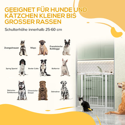 Door Safety Gate for Dogs, 76-104 cm Barrier Gate without Drilling, Stair Gate Made of Steel, Stair Safety Gate with Cat Door, Safety Gate for Stairs, Doors, Hallways, White