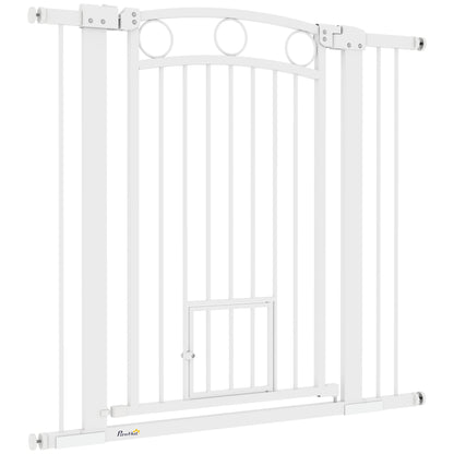 Door Safety Gate for Dogs, 76-104 cm Barrier Gate without Drilling, Stair Gate Made of Steel, Stair Safety Gate with Cat Door, Safety Gate for Stairs, Doors, Hallways, White
