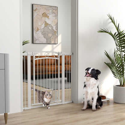Door Safety Gate for Dogs, 76-104 cm Barrier Gate without Drilling, Stair Gate Made of Steel, Stair Safety Gate with Cat Door, Safety Gate for Stairs, Doors, Hallways, White