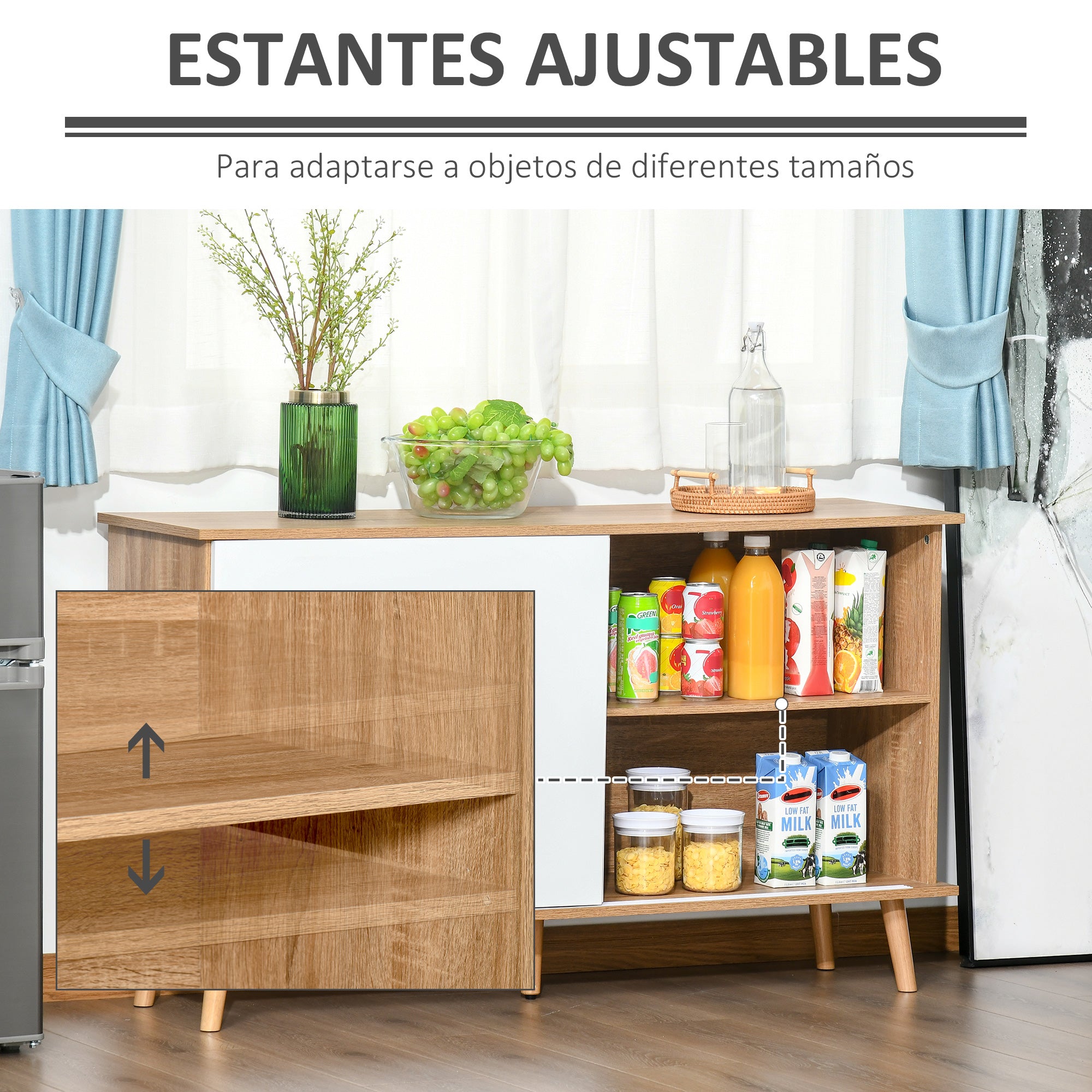 Kitchen Sideboard Buffet for Living Room with 2 Sliding Doors Adjustable Interior Shelves and Wooden Legs 130x40x74.5 cm Natural and White