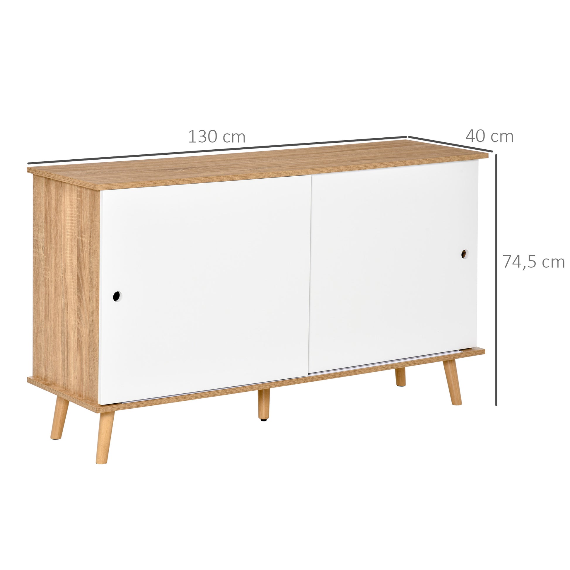 Kitchen Sideboard Buffet for Living Room with 2 Sliding Doors Adjustable Interior Shelves and Wooden Legs 130x40x74.5 cm Natural and White