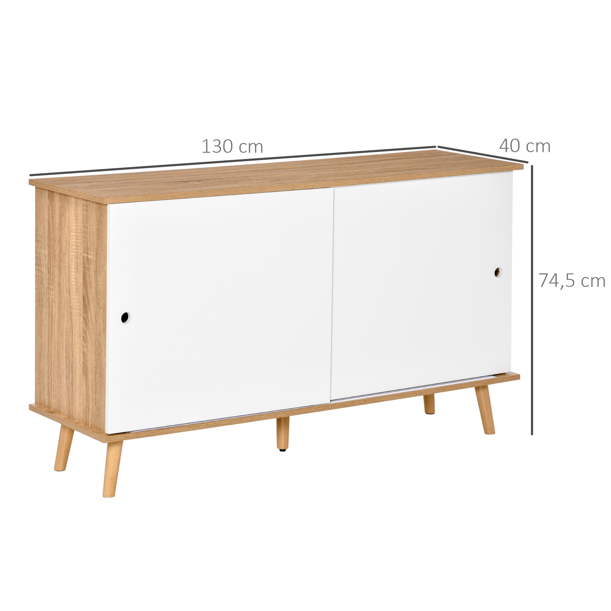 Kitchen Sideboard Buffet for Living Room with 2 Sliding Doors Adjustable Interior Shelves and Wooden Legs 130x40x74.5 cm Natural and White