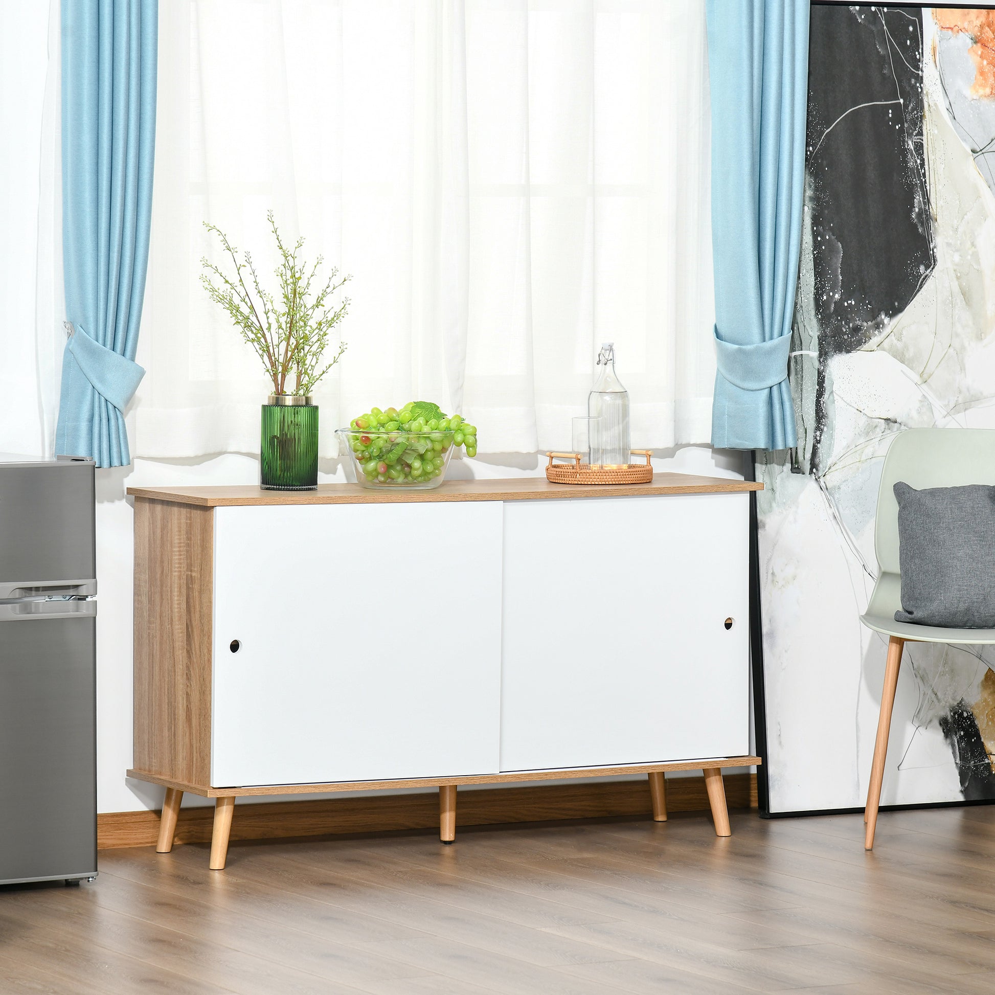 Kitchen Sideboard Buffet for Living Room with 2 Sliding Doors Adjustable Interior Shelves and Wooden Legs 130x40x74.5 cm Natural and White