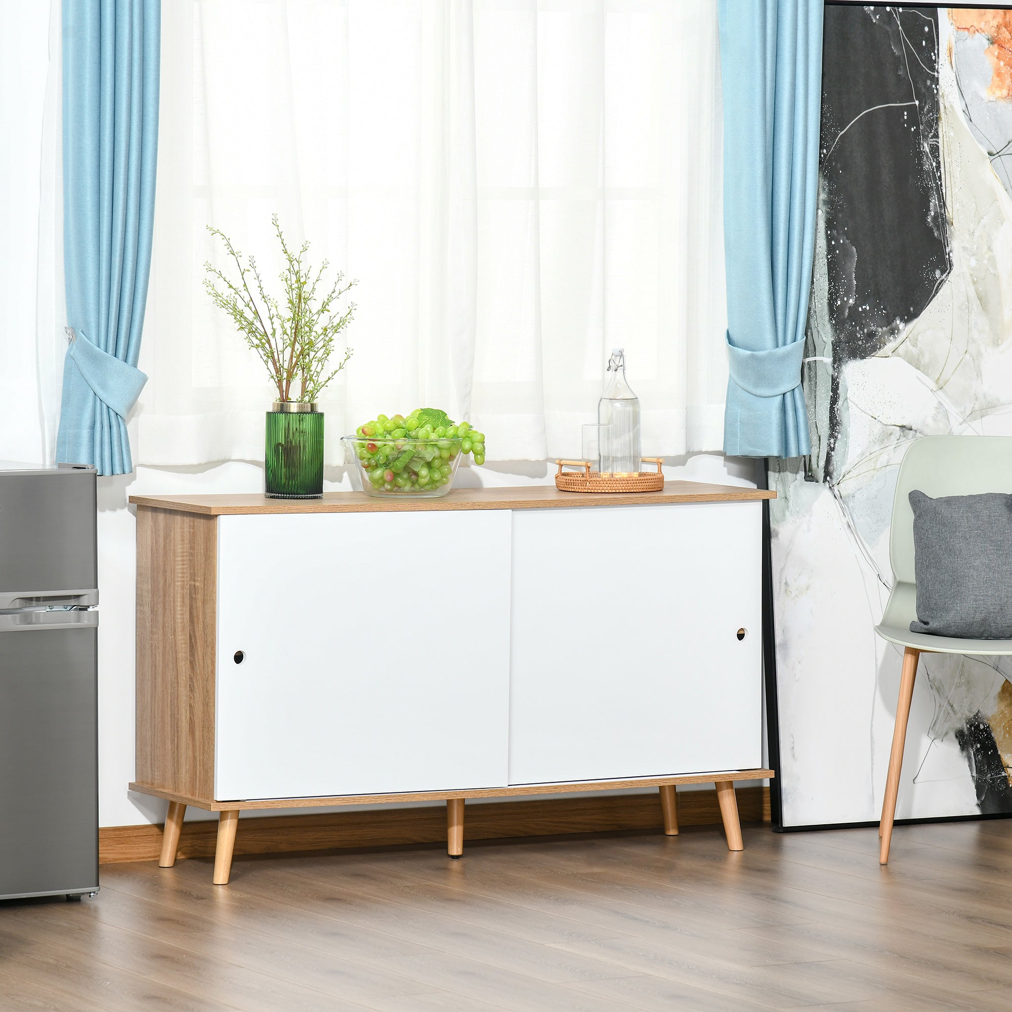 Kitchen Sideboard Buffet for Living Room with 2 Sliding Doors Adjustable Interior Shelves and Wooden Legs 130x40x74.5 cm Natural and White