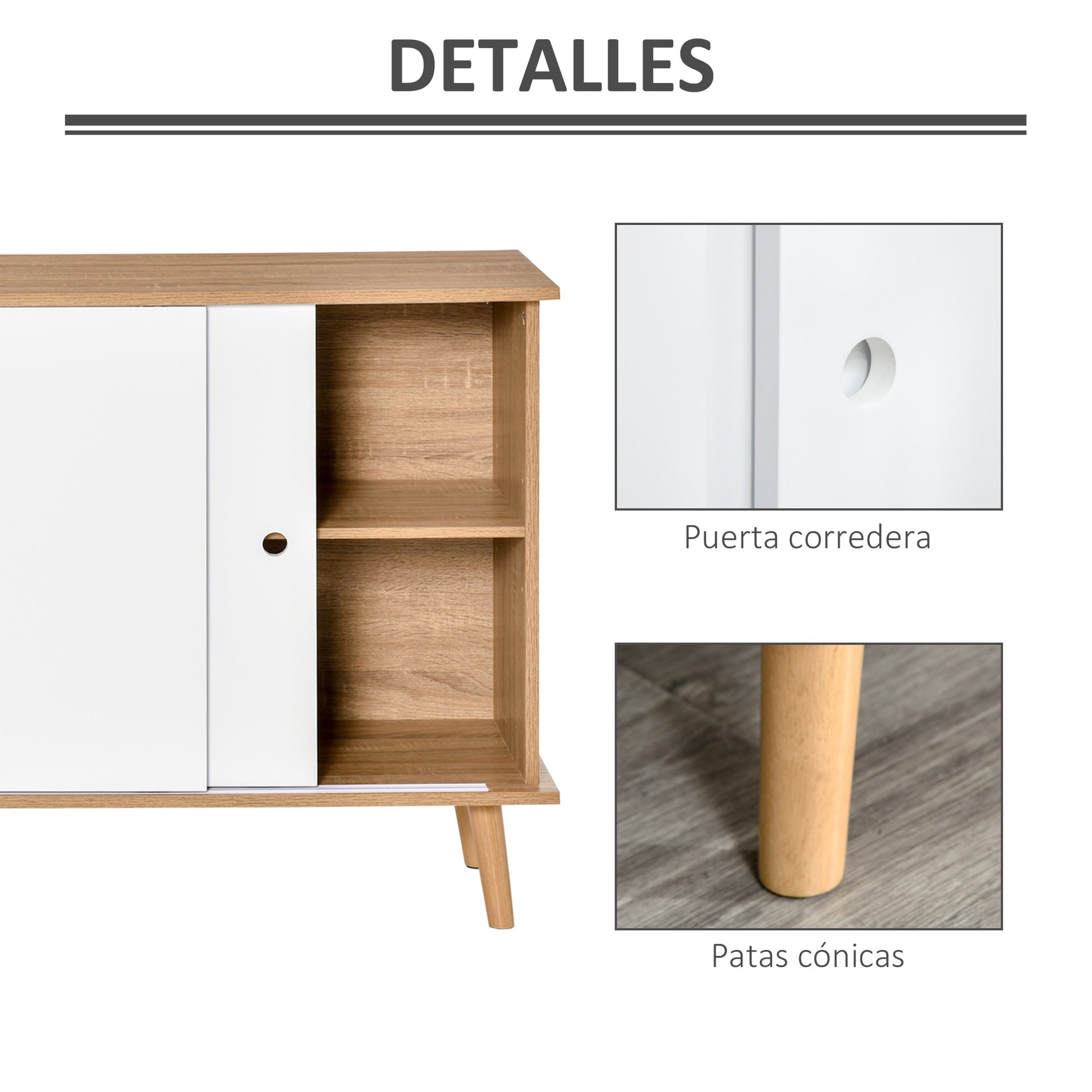 Kitchen Sideboard Buffet for Living Room with 2 Sliding Doors Adjustable Interior Shelves and Wooden Legs 130x40x74.5 cm Natural and White