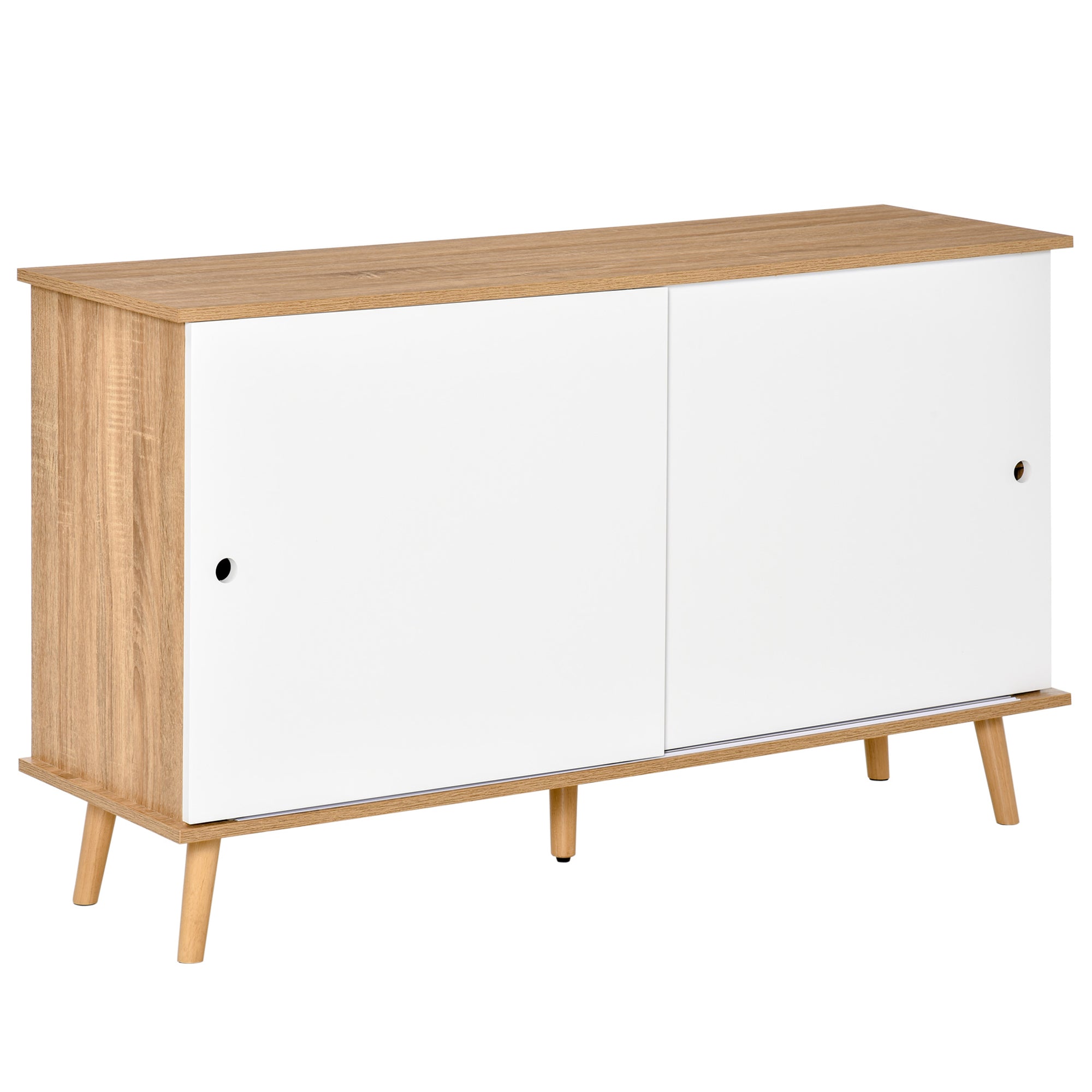 Kitchen Sideboard Buffet for Living Room with 2 Sliding Doors Adjustable Interior Shelves and Wooden Legs 130x40x74.5 cm Natural and White