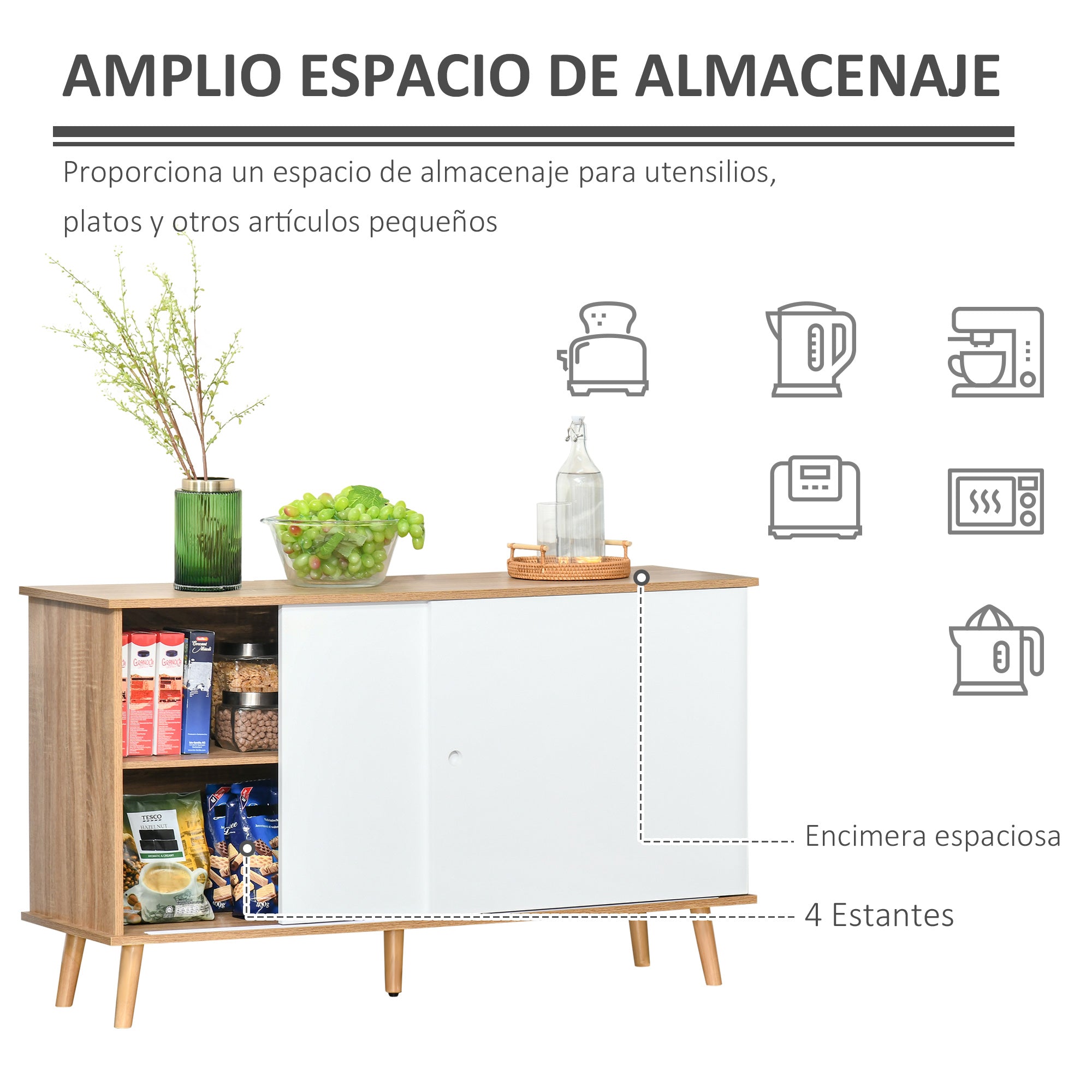 Kitchen Sideboard Buffet for Living Room with 2 Sliding Doors Adjustable Interior Shelves and Wooden Legs 130x40x74.5 cm Natural and White